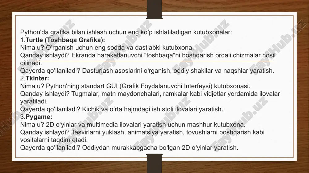 un bog'lamasi. professional darajadagi, murakkab va funksional ish stoli ilovalarini yaratish uchun ishlatiladi. afzalligi: ilovangiz barcha operatsion tizimlarda (windows, macos, linux) bir xil ko'rinadi va ishlaydi. katta ilovalar uchun ideal. qiyinchiligi: tkinter'ga nisbatan o'rganish biroz murakkabroq, lekin imkoniyatlari cheksiz. kivy nima u? asosan multi-touch va mobil (android, ios) ilovalarni yaratishga qaratilgan bepul kutubxona. afzalligi: bir xil kod bilan ish stoli, mobil va hatto veb-ilovalarni yaratish imkonini beradi. zamonaviy, tekis (flat) dizaynga ega. kengaytirilgan grafika (3d va veb) veb-grafika: plotly nima u? interaktiv va zamonaviy veb-asosidagi vizuallashtirish vositasi. python, r va boshqa tillar bilan ishlaydi. afzalligi: grafiklar brauzerda ishlaydi, ular interaktiv (masalan, zoom qilish mumkin). qayerda qo'llaniladi? veb-interfeyslar (dash orqali), ma'lumotlar panellari (dashboards). 3d grafika: vpython / panda3d vpython: o'quv maqsadlarida, ayniqsa fizika simulyatsiyalari va 3d modellashtirish uchun sodda kutubxona. panda3d: disney tomonidan ishlab chiqilgan va bepul taqdim etilgan kuchli o'yin mexanizmi (game engine). 3d o'yinlar va real vaqt rejimida vizuallashtirish …