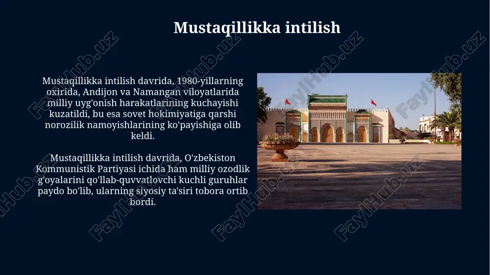 samarqand va buxoro viloyatlarida sezilarli oʻzgarishlarga olib keldi. oʻzbekistonning zamonaviy taraqqiyoti oʻzbekistonning paxta yetishtirishdan qayta ishlash sanoatiga oʻtishi, 2017-yildan beri 100 mingdan ortiq yangi ish oʻrinlari yaratilishiga va eksport hajmining oshishiga olib keldi. 2000-yillardan boshlab oʻzbekiston jahon iqtisodiyotiga 50 milliard dollardan ortiq toʻgʻridan-toʻgʻri xorijiy investitsiyalarni jalb qildi, shu jumladan, toshkent va samarqand shaharlarida yirik infratuzilma loyihalari amalga oshirildi. e'tiboringiz uchun rahmat image5.jpg image6.jpg image7.jpg image8.jpg image9.jpg image10.jpg image11.jpg image12.jpg image13.jpg image14.jpg image15.jpg image16.jpg image17.jpg image18.jpg image1.jpg