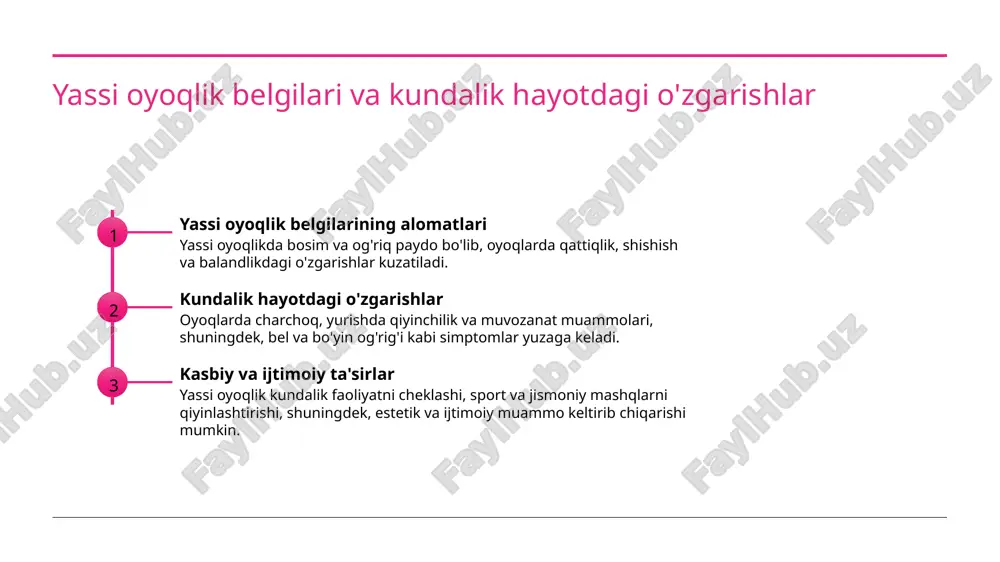 a profilaktika muhim, erta tashxis muhim o'zgarishlar uchun asos bo'ladi. 2 genetik va anatomik omillar ta’siri genetik va anatomik faktorlar yassi oyoqlik rivojlanishida muhim rol o'ynaydi. oila tarixini bilish, erta tashxis va davolash jarayonini tezlashtirish uchun zarurdir. 3 davolash va oldini olish usullari to'g'ri yurish, jismoniy mashqlar va ortopedik uskunalar yordamida yassi oyoqlikka qarshi kurash mumkin. profilaktika uzoq muddatli sog'liq uchun muhimdir. foydalanilgan adabiyotlar 1. o‘zbekiston ortopedik traumatologlar assotsiatsiyasi. oyoqlik muammolari va davolash usullari. tibbiyot nashriyoti, 2020. 2. islomov a. yassi oyoqlikning sabablari va oldini olish. o‘zbekiston tibbiyot jurnali, 2019. 3. sharipov r. yassi oyoqlik va uning klinik belgilari. o‘zbekiston xalqaro tibbiyot konferentsiyasi materiallari, 2021. 4. qodirov s. oyoqlik muammolarini tashxis qilish va davolash. tibbiyot amaliyoti va texnologiyalari, 2018. 5. toshkent meditsina institutining pedagogik jurnali. oyoqlik patologiyalari va profilaktika usullari, 2022. e'tiboringiz uchun rahmat! /docprops/thumbnail.jpeg
