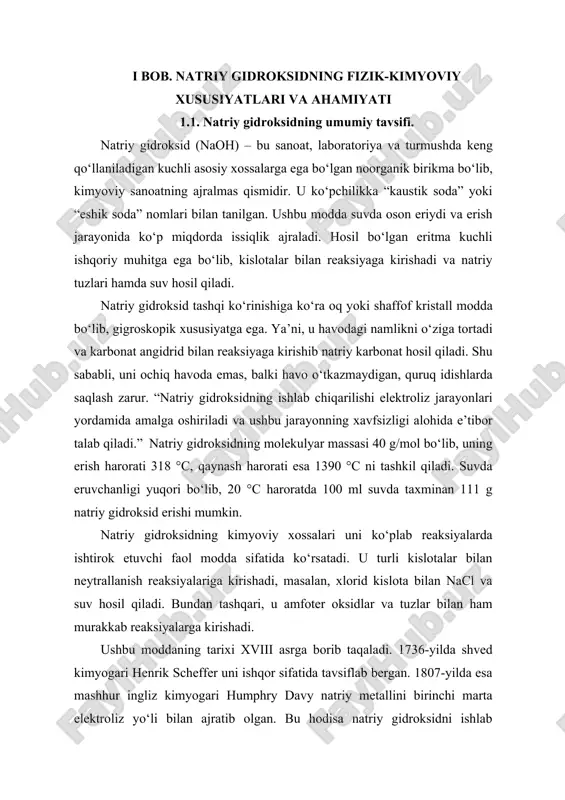 iqarishning rivojlanishiga turtki bo‘ldi. xix asr oxirlariga kelib, kaustik soda sanoat ishlab chiqarishda keng qo‘llanila boshlandi, ayniqsa kimyo va tozalash vositalari sohasida. xx asr boshlarida esa sanoatda elektroliz texnologiyasi asosida yirik miqyosda ishlab chiqarish yo‘lga qo‘yildi. masalan, aqshda “dow chemical company” kompaniyasi bu borada yetakchilardan biri bo‘ldi. natriy gidroksid sanoatda juda ko‘p yo‘nalishlarda ishlatiladi. kimyo sanoatida reaktiv sifatida, sovun va tozalash vositalari ishlab chiqarishda asosiy tarkibiy qism, alyuminiy ishlab chiqarishda (bayer jarayoni), qog‘oz sanoatida kislotalarni neytrallashda, shuningdek, tekstil sanoatida matolarni ishlov berishda keng qo‘llaniladi. bundan tashqari, oziq-ovqat sanoatida ham ayrim mahsulotlarni pishirish yoki tozalash jarayonlarida ishlatiladi. biroq, ushbu modda kuchli korroziv (kuydiruvchi) ta’sirga ega bo‘lib, inson terisi, ko‘zlari va nafas yo‘llari uchun xavfli sanaladi. shu sababli, u bilan ishlaganda maxsus himoya vositalaridan: qo‘lqop, ko‘zoynak va niqoblardan foydalanish shart. atrof-muhitga tushganda esa u tuproq va suv muhitining ph balansini buzishi mumkin, shu sababli chiqindilarni boshqarish va utilizatsiya qilish qoidalariga qat’iy amal …