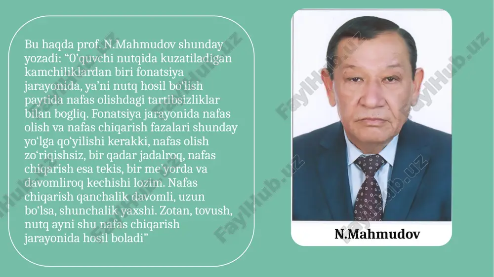 i. 13 ovoz yo‘li. paychalardan iborat bo‘lgan tovush chiqadigan bo‘shliq ovoz yo‘li deyiladi. ovoz yo‘li tomoqning tovush paychalaridan yuqori qismi, og‘iz bo‘shlig‘i va burun bo‘shlig‘idan iborat. ovoz yo‘lining toza, sog‘lom bo‘lishi ovozning ohangdor, jarangli va ta’sirchan bo‘lishini ta’minlaydi. qaytarg‘ichlar. qaytarg‘ichlar inson organizmidagi qattiq qismlardan iborat bo‘lib, ular rezonatorlar deb ham yuritiladi. inson vujudidagi qaytarg‘ichlar jumlasiga tish, jag‘, tog‘ayning kemirchaklari, burun tog‘aylari, bosh suyagi, ko‘krak qafasi suyaklari va yelka kuraklan kiradi. paychalarda bo‘lgan tovush ovoz yo‘li orqali o‘tadi, o ’tish paytida ana shu qattiq jismlarga urilishi natijasida jarangdorlik va turli rang-baranglik kasb etadi. ovoz turlari va tembr. inson ovozi baland-pastligi, yo‘g ’on-ingichkaligiga qarab bir necha turga bo‘linadi. masalan, turlanish jihatidan erkaklar ovozi tenor (baland va ingichka), baraton (o‘rtacha) va bas (past va yo‘g ’on) ovozlarga, ayollar ovozi esa, soprano (o‘rtacha) va alt (past va yo‘g ’on) ovozlarga bo‘linadi. ovozning “tembri chiroyli”, “tembri xunuk” degan iboralar aslida muayyan shaxsning ovozi sifatiga berilgan …