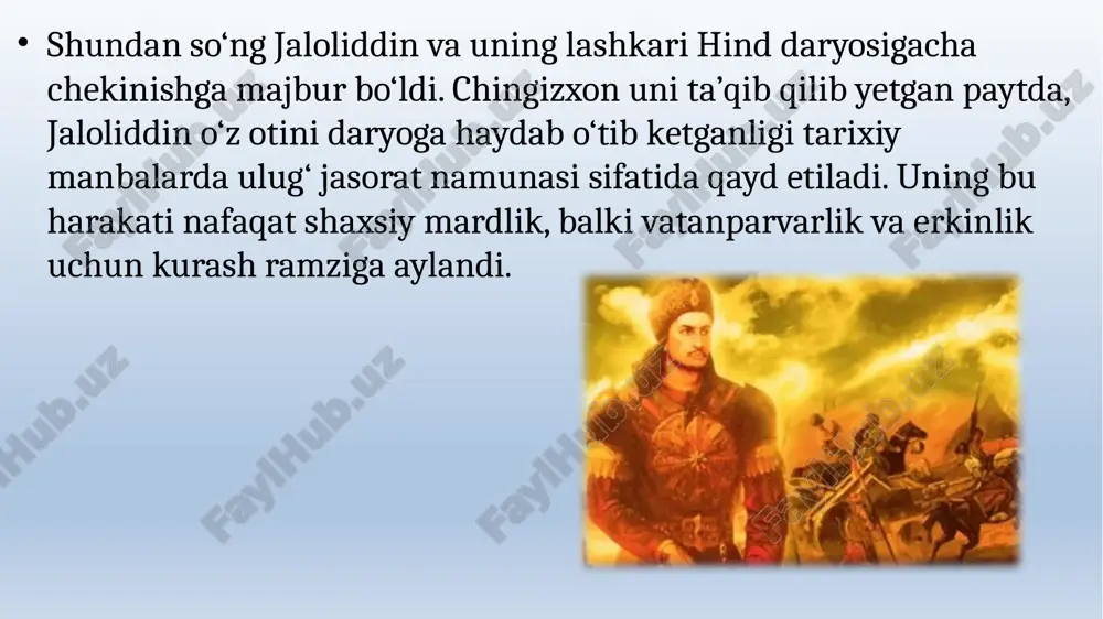 atli yurishlar olib bordi. ammo kuchlar teng emas edi. uning harbiy yurishlari asta-sekin zaiflashdi va 1231-yilda u kurdiston tog‘larida halok bo‘ldi. uning vafoti bilan xorazmshohlar davlati ham butunlay tanazzulga yuz tutdi. shunga qaramay, jaloliddin ibn muhammadning nomi tarixda mardlik, vatanparvarlik va ozodlik ramzi sifatida yashab kelmoqda. uning jasorati yosh avlodlar uchun ibrat, mustaqillik g‘oyasining ilmiy va ma’naviy ildizlaridan biridir. jaloliddinning hayoti inson ruhining buyuk kuchini, vatanga sadoqat va adolat uchun kurashishning beqiyos namunasi sifatida qadrlanadi. jaloliddin ibn muhammad — buyuk sarkarda, xorazmshohlar sulolasining so‘nggi hukmdorlaridan biri bo‘lib, uning nomi vatan va millat ozodligi uchun olib borilgan kurashlar ramzi sifatida tarixda o‘chmas iz qoldirgan. u 1199-yilda tug‘ilgan bo‘lib, otasi alouddin muhammad xorazmshoh davrida xorazm davlati o‘z qudratining cho‘qqisiga chiqqan edi. ammo bu qudrat uzoq davom etmadi, chunki sharqda paydo bo‘lgan chingizxon boshchiligidagi mo‘g‘ullar bosqini markaziy osiyo xalqlari hayotini tubdan o‘zgartirib yubordi. jaloliddin yoshligidan jasoratli, aql-zakovatli va sarkardalik fazilatlariga ega edi. uning …