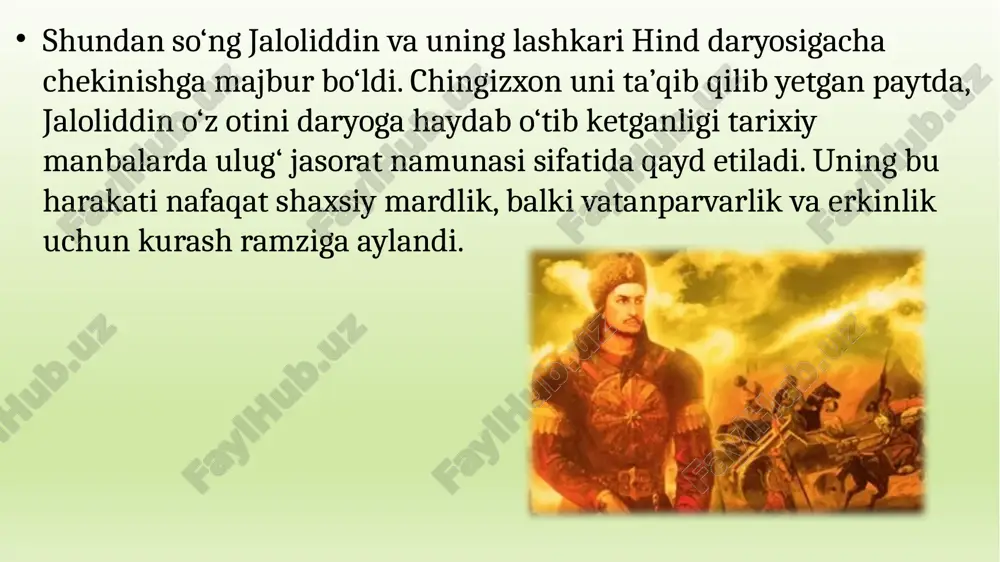 zarurligi tufayli gujarot viloyati markazi nahrvalga xosxon boshchiligida qo‘shin jo‘natadi. shamsuddin eltutmish jaloliddin manguberdi ustiga katta qo‘shin (30 ming otliq, 100 ming piyoda, 300 ta fil) tortadi. jaloliddin manguberdi mardonavorlik bilan raqibiga qarshi chiqadi. jaloliddin manguberdining o‘zbek toy jahon pahlavon qo‘mondonligi ostidagi ilg‘ori eltutmish ilg‘ori bilan to‘qnashib raqibidan ustin keladi. eltutmish jaloliddin manguberdi huzuriga elchisini yuborib sulh so‘raydi. jaloliddin manguberdi hindistonda o‘z nomidan kumush va mis tangalar zarb qiladi, unga tobe hind mulklarida uning nomi xutbaga qo‘shib o‘qilgan. jaloliddin manguberdiga qarshi xiyonat jaloliddin manguberdining lashkarboshisi yazidak pahlavon va sunqurjiq toysilar xiyonat qilib eltutmish tomoniga o‘tganlar. qiyin vaziyatdan qutulish uchun jaloliddin manguberdi harbiy kengash chaqirgan. amirlarning ko‘pchiligi iroq tomon yurish qilib, uni g‘iyosiddin pirshohdan tortib olishni taklif qiladi. iroqda siyosiy parokandalik hukm surardi. iroq tomon ketishga qaror qilinadi. jaloliddin manguberdi o‘zining hindistonda zabt etgan mulklariga o‘zbek toy jahon pahlavoni, g‘ur va g‘azni viloyatlariga hasan qarluqni noib sifatida qoldirib, iroqqa yo‘l olgan. …