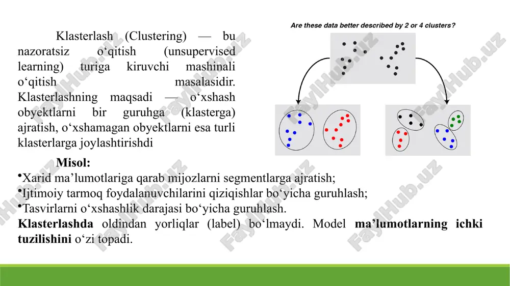 ma’lumotlari asosida baholanadi. xulosa chiqarish va tanlash (model selection) turli modellar orasidan eng yuqori bahoga ega bo‘lgan model tanlanadi. metrika nomi tavsifi accuracy to‘g‘ri bashorat qilingan natijalar ulushi. precision model “pozitiv” degan obyektlarning qanchasi haqiqatan ham pozitiv. recall haqiqiy pozitiv obyektlarning nechta qismi model tomonidan aniqlangan. f1-score precision va recall o‘rtasidagi garmonik o‘rtacha. confusion matrix to‘g‘ri va noto‘g‘ri tasniflarni jadval shaklida ko‘rsatadi. metrika nomi tavsifi mae (mean absolute error) xatoliklarning o‘rtacha mutlaq qiymati. mse (mean squared error) xatoliklarning kvadrat o‘rtachasi. rmse (root mean squared error) mse’ning kvadrat ildizi. r² (determination coefficient) model ma’lumotlarni qanchalik yaxshi tushuntirayotganini ko‘rsatadi. regressiya (bashorat) modellari uchun: image1.png image2.png image3.png image4.png image5.png image6.png /docprops/thumbnail.jpeg