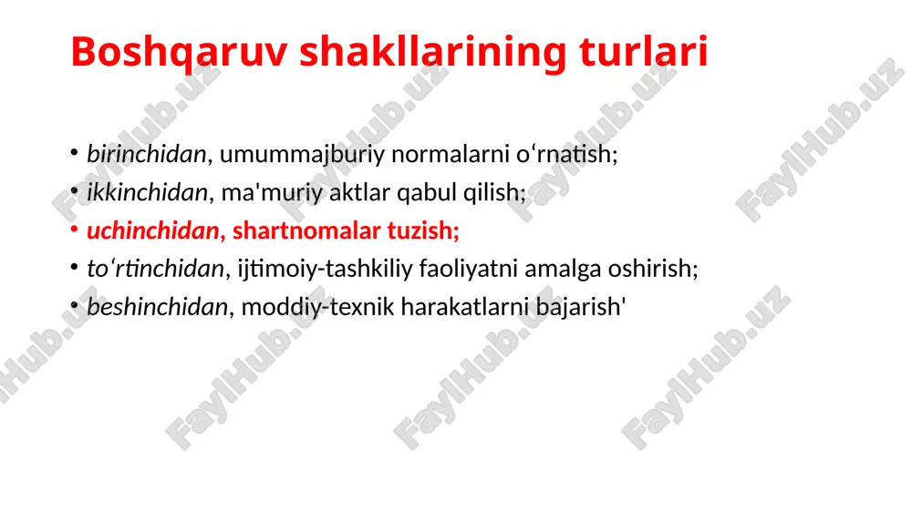 ajarilmaganda taraflarning javobgarligi nizolarni hal etish tartibi taraflarning rekvizitlari, shartnoma tuzilgan sana va joy xo‘jalik shartnomasi, qoida tariqasida taraflardan birining oferta (shartnoma tuzish haqida taklif) yo‘llashi va ikkinchi taraf uni akseptlashi (taklifni qabul qilishi) yo‘li bilan tuziladi. xo‘jalik shartnomasi tuzilgan paytidan boshlab kuchga kiradi va taraflar uchun majburiy bo‘lib qoladi. xo‘jalik shartnomasining bajarilishi neustoyka, garov, qarzdorning mol-mulkini ushlab qolish, kafillik, kafolat, zakalat hamda qonunchilik yoki shartnomada nazarda tutilgan boshqacha usullar bilan ta’minlanishi mumkin. xo‘jalik shartnomasi taraflarning kelishuviga muvofiq o‘zgartirilishi va bekor qilinishi mumkin. xo‘jalik shartnomasining shartlarini bir taraflama o‘zgartirishga yo‘l qo‘yilmaydi talabnoma bildirish huquqlari va qonuniy manfaatlari buzilgan xo‘jalik yurituvchi subyekt mazkur huquq va manfaatlarni buzgan xo‘jalik yurituvchi subyektga nisbatan talabnoma bildirishga haqli talabnoma yozma shaklda bildiriladi. talabnoma buyurtma yoki qimmatli xat tarzida, telegraf, teletayp orqali, shuningdek talabnoma jo‘natilganligini qayd etadigan, qabul qilib oluvchini ogohlantiradigan boshqa aloqa vositalaridan foydalanilgan holda jo‘natiladi yoxud tilxat olib topshiriladi. o‘ziga talabnoma bildirilgan xo‘jalik yurituvchi …