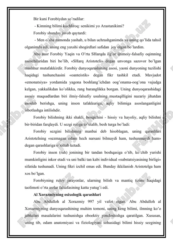 ning osixologik falsafiy qarashlari o’z davri ilmiy dunyoqarashining rivojiga katta hissa qo’shgan. abu ali ibn sinoning falsafiy qarashlari (abu ali husayn ibn abdulla ibn hasan ibn ali ibn sino) buyuk hakim, olim va faylasuf ibn sino buxoro shahri yaqinidagi afshona qishlog’ida tug’ildi. u 19 yoshga to’lganda ona shahri buxoroni qoraxoniylar bosib oldilar. bosqinchlar shaharni butkul vayron qilib, ko’olab madaniy boyliklarni yo’qotib yuborishdi. bu vaqtga kelib, ibn sino isteododli hakim va faylasuf sifatida tanilib ulgurgandi. ko’o o’tmay sharqda uni «shayx ar-rais», yaoni «donishmandlar yetakchisi» deb atay boshladilar. ibn sino juda ko’o mutola qilardi. u ilm cho’qqilariga mustaqil o’qib o’rganish yo’li bilan yetib bordi. bu xaqda allomani o’zi shunday yozadi: «o’n yoshimda quroonni o’rgandim, badiiy adabiyotlarni o’qib chiqdim. keyin mantiq ilmiga oid kitoblarni mutola qilib, mustaqil ravishda bu ilmning nozik qirralarini o’zlashtira bildim. shundan so’ng tibbiyot ilmiga murojaat qilib, ko’olab kitoblarni o’qishga tutundim. qisqa vaqt ichida menning tibbiyot sohasidagi bilimlarim va davolash …