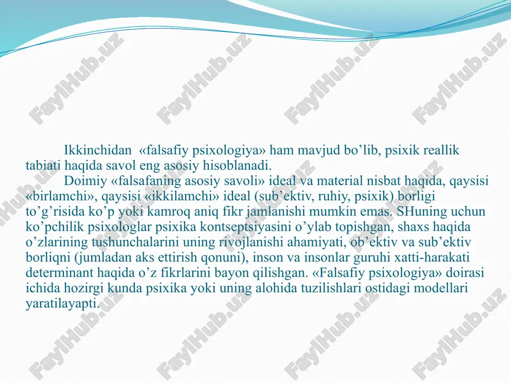 i, ular birinchi bo’lib psixologiyani, tabiat fanlari singari, eksperimental fanga aylantirish mumkin ekanligini isbotladilar. shu vaqtgacha faqat kuzatish, asosan, o’z-o’zini kuzatishdan foydalanib kelinayotgan psixologiya endi aniq fanlardagi ob`ektiv metoddan foydalana boshlaydi. v.v.vunt v.v.vunt o’zining (1832-1820) fiziologik psixologiya kursida ko’rsatib o’tdi. birinchi programmani vuntning asosiy tadqiqotlari idrok psixologiya bag’ishlagan bo’lib ,uning asari idrok nazariyasi haqida ocherklar (1862) psixologiyaning mustaqil fan ekanligini isbotlashga harakat qildi. (1863) inson va hayvon ruhi haqida ma’ruzalar asarida inson ruhining mahsuli psixika haqida va uni tadqiq etish va o’rganish haqidagi qator fikrlarni bildirdi. vuntning mana shu asari keyinchadik borib psixologiyaning butun bir yarmini yaratdi, ya’ni vunt xalqlar psixologiyasiga asos soldi. v.vunt ikkita metoddan foydalandi keyinchalik bu psixologiya etnopsixologiya yo’nalishini vujudga keltirdi.vunt ikkita metoddan foydalandi. 1. eksperiment metodi; 2. madaniy-tarixiy metod; bundan tashqari eksperimental fiziologiya metodini psixologiyaga qo’lladi. 1875 yildan boshlab fiziologik psixologiyaga eksperiment metodini to’liq qo’lladi va 1879 yil psixologiya mustaqil fan bo’lib ajralib chiqdi. leyptsig universitetida …