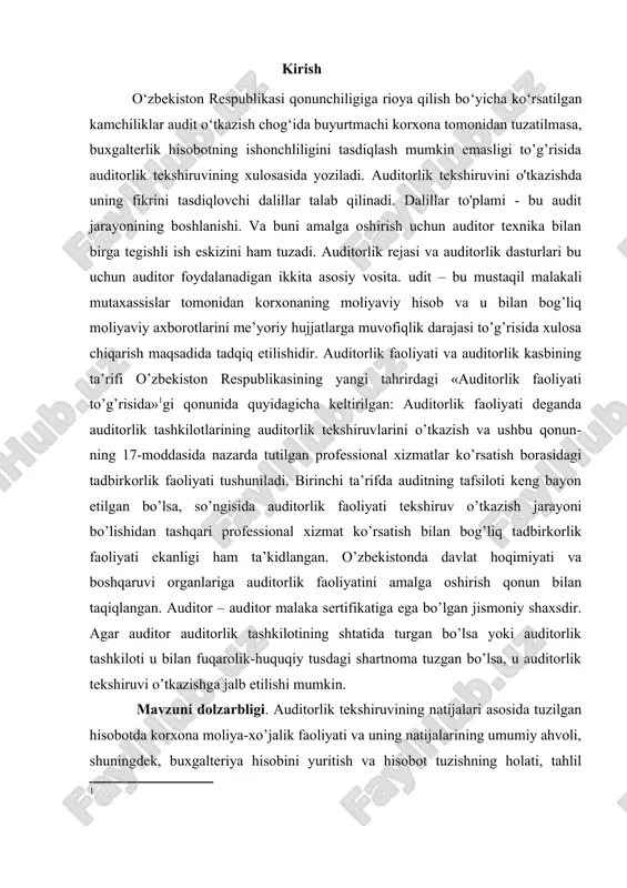 ularning oqibatlari, ho’jalik jarayonlarining qonun-qoidalarga (mezonlarga) muvofiqligini aniqlashga yordam berishi kerak. auditorlik faoliyatining rivojlanishi tufayli uning uslubi, unda qo’llaniladigan usullar ham takomillashib boraveradi. keyingi paytlarda maxsus adabiyotlarda auditning quyidagi usullariga katta e’tibor berilmoqda: xodimlar (yoki uchinchi shaxslar) bilan og’zaki so’rovlar o’tkazish, tekshirilayotgan korxona bo’yicha muqobil (alternativ) balans tuzish, audit ob’ektlari bo’yicha testlar anketalar o’tkazish, kompyuter axborotlari texnolgiyalaridan keng foydalanish kabi usullar. shuni ham qayd qilish kerakki, auditorlar (auditorlik tashkilotlari) audit jarayonida qabul qilingan umumiy (an’anaviy) usullardan foydalanish bilan bir qatorda ular o’zlariga ma’qul bo’lgan yoki boshqalar uchun “tijorat siri” hisoblangan noan’anaviy (lokal) usullardan ham foydalanishlari mumkin. audit o’tkazishda milliy va xalqaro audit standartlariga asoslanadi. shunday qilib, auditda qo’llaniladigan usullar uning turi, maqsadi va vazifalariga bevosita bog’liq bo’ladi. kurs ishining ob’ekti: korxonani auditorlik tekshiruvlari ishlab chiqarish bozor sharoitida korxonalarning faoliyati kengayib har tomonlama rivojlanmoqda. iqtisodiy islohotlarning hozirgi bosqichida auditning asosiy ob’ektlari quyidagilardan iborat bo’lishi kerak. kurs ishining predmeti: korxonani auditorlik tekshiruvlari …