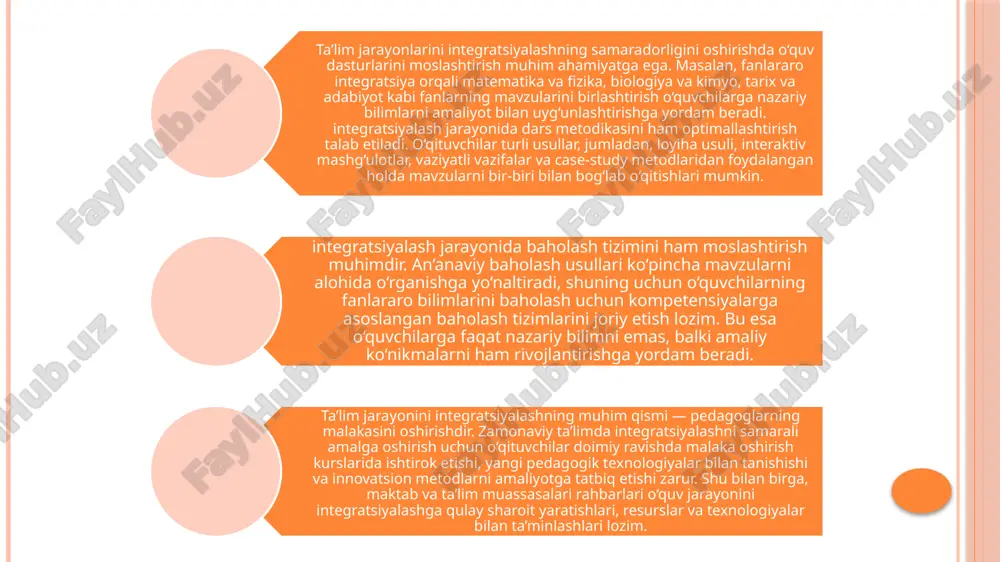 etish zarur. ta’lim jarayonlarini integratsiyalashning samarali usullaridan biri — loyiha usuli orqali fanlararo aloqalarni shakllantirishdir. masalan, geografiya va biologiya fanlaridan bir xil mavzularni tanlab, o‘quvchilarni amaliy loyiha ishlari bilan shug‘ullantirish mumkin. bu jarayonda o‘quvchilar mavzuni chuqur o‘rganadi, turli fanlardan olgan bilimlarini birlashtiradi va natijalarni mustaqil tahlil qiladi. shuningdek, tarix va adabiyot fanlarini birlashtirish orqali madaniyat va tarixiy hodisalarni o‘rganish o‘quvchilarda tanqidiy fikrlash va tahlil ko‘nikmalarini rivojlantiradi. metodlararo integratsiyalash jarayonida turli o‘qitish metodlari uyg‘unlashtiriladi. masalan, interaktiv metodlar, vizual materiallar, multimedia dasturlari va virtual laboratoriyalar birlashtirilsa, o‘quvchilarning mavzuni tushunish darajasi sezilarli darajada oshadi. shuningdek, case-study metodlari va vaziyatli vazifalar o‘quvchilarda muammolarni hal qilish ko‘nikmalarini shakllantiradi, ularni amaliy faoliyatga tayyorlaydi. shu tarzda, integratsiyalash nafaqat nazariy bilimlarni, balki amaliy ko‘nikmalarni ham rivojlantiradi. integratsiyalash jarayonida baholash tizimini yangilash muhimdir. an’anaviy test va imtihonlar o‘quvchilarning fanlararo bilimini to‘liq baholashga imkon bermaydi. shu sababli kompetensiyalarga asoslangan baholash tizimi joriy etilishi lozim. bu tizim o‘quvchilarning nazariy bilimlari, amaliy …