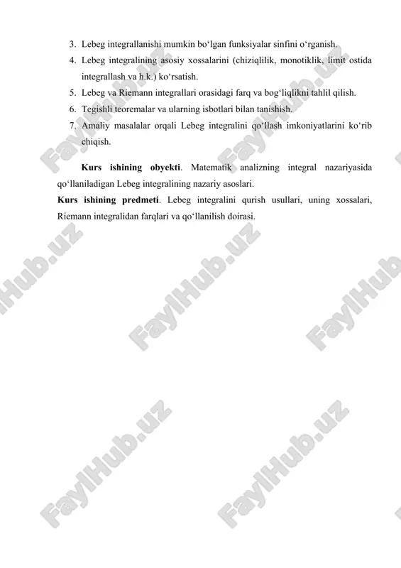 qinlashuvchi bo‘lsa, u holda sodda funksiya to‘plamda lebeg ma'nosida integrallanuvchi deyiladi. (7.3) qatorning yig‘indisi funksiyaning to‘plam bo‘yicha olingan lebeg integrali deyiladi va quyidagicha belgilanadi bu ta'rifda larning har xilligi talab qilingan. lekin larning har xilligini talab qilmasdan ham sodda funksiyalar uchun lebeg integrali ta'rifini keltirish mumkin. bu quyidagi lemma yordamida amalga oshiriladi. 1-lemma. va har bir to‘plamda funksiya faqat bitta qiymat qabul qilsin. u holda tenglik o‘rinli hamda sodda funksiya to‘plamda integrallanuvchi bo‘lishi uchun (7.4) qatorning absolyut yaqinlashuvchi bo‘lishi zarur va yetarlidir. isbot. osongina ko‘rish mumkinki, har bir to‘plam bo‘ladigan to‘plamlarning birlashmasidan iborat, ya'ni shuning uchun o‘lchovning manfiymasligidan ya'ni qatorlar bir vaqtda absolyut yaqinlashadi yoki uzoqlashadi. sodda funksiyalar uchun lebeg integralining ba'zi xossalarini isbotlaymiz. a) additivlik xossasi. agar va sodda funksiyalar to‘plamda integrallanuvchi bo‘lsa, u holda sodda funksiya ham to‘plamda integrallanuvchi va tenglik o‘rinli. isbot. integrallanuvchi sodda funksiya qiymatni to‘plamda, sodda funksiya esa qiymatni to‘plamda qabul qilsin. u holda qatorlar …