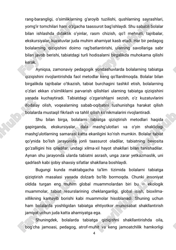 maqsadi. bolalarda tabiatga bo‘lgan qiziqishni shakllantirish jarayonida samarali pedagogik metod va usullarni o‘rganish, nazariy va amaliy asoslarini tahlil qilish hamda amaliyotda qo‘llash imkoniyatlarini aniqlash orqali ularning ekologik ongini rivojlantirish va tabiatga mehr-muhabbatini tarbiyalash. kurs ishining vazifalari. 1. bolalarda tabiatga qiziqishni shakllantirishning nazariy va psixologik- pedagogik asoslarini o‘rganish. 2. maktabgacha yoshdagi bolalarning yosh va individual xususiyatlarini hisobga olgan holda tabiatga qiziqtirish metodlarini tahlil qilish. 3. tabiatga qiziqtirish jarayonida qo‘llaniladigan amaliy mashg‘ulotlar, kuzatuv va o‘yin metodlarining samaradorligini o‘rganish. 4. tabiatga qiziqtirish jarayonida pedagog va oila hamkorligining ahamiyatini aniqlash va takomillashtirish yo‘llarini ishlab chiqish. kurs ishining obyekti. maktabgacha yoshdagi bolalarni tabiatga qiziqtirish jarayoni. kurs ishining predmeti. bolalarda tabiatga qiziqishni shakllantirishda qo‘llaniladigan pedagogik metod va usullar. kurs ishining o‘rganilganlik darajasi. bolalarni tabiatga qiziqtirish va ekologik tarbiya masalasi bo‘yicha 6 ko‘plab olimlar va mutaxassislar tomonidan ilmiy, tadqiqotlar olib borilgan. xususan, v.a.sukhomlinskiy, l.s.vigotskiy, a.v.zaporojets, n.n.poddyakov, t.s.komarova, g.i.shvetsova, sh.a.amonov, m.m.mahkamova kabi pedagog va psixologlarning ishlarida bolalarda tabiatga …