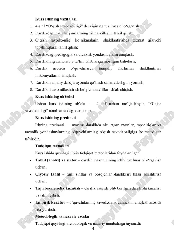 nsa, ikkinchi bobda darslikdagi metodik yondashuvlar, topshiriqlar tizimi hamda amaliyotdagi qo‘llanish imkoniyatlari o‘rganiladi. i-bob: darslikning tarkibiy tuzilsihi va mazmuniy yo`nalishlari 1.1. darslikning tuzilishi: mavzular, bo‘limlar va sahifa tartibi. 4-sinf “o‘qish savodxonligi” darsligi o‘zbekiston respublikasi xalq ta’limi vazirligi tomonidan tasdiqlangan davlat ta’lim standartlari asosida ishlab chiqilgan bo‘lib, unda o‘quvchilarning yoshiga mos, savodxonlik darajasini oshirishga qaratilgan, didaktik tamoyillarga asoslangan, bosqichma-bosqich rivojlantiruvchi materiallar keltirilgan. darslik o‘zining soddaligi, mavzularning izchil joylashtirilganligi, matnlar tanlovi va topshiriqlarning turfa ko‘rinishlari bilan ajralib turadi. darslikda mavzular mantiqiy izchillik asosida joylashtirilgan bo‘lib, har bir mavzu o‘quvchining tafakkurini rivojlantirish, matnni tushunish, fikr bildirish, xulosa chiqarish ko‘nikmalarini shakllantirishga xizmat qiladi. darslik 4 sinf o‘quvchilarining yosh xususiyatlari, qiziqish doirasi, tafakkur darajasi va nutq salohiyatini inobatga olgan holda tuzilgan. sahifalarning tartibi aniq, mavzular o‘rtasida mantiqiy bog‘liqlik mavjud. har bir bo‘lim o‘z ichida muayyan tematik yo‘nalishni aks ettiradi. darslikdagi matnlar mavzulariga ko‘ra fasllarga, ijtimoiy munosabatlarga, milliy qadriyatlarga, axloqiy tarbiyani shakllantiruvchi omillarga, mehnatga munosabat kabi …