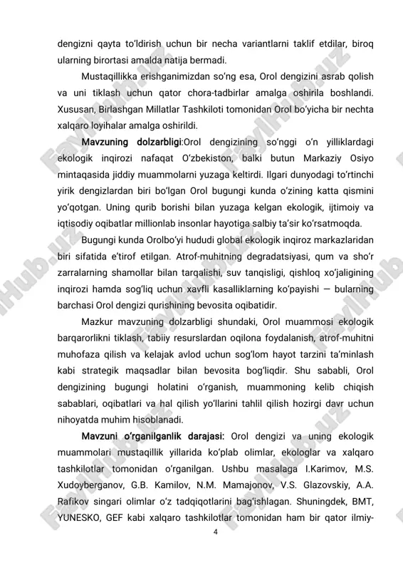 shi sabablarini o‘rganish;  orolbo‘yida yuzaga kelgan ijtimoiy-iqtisodiy muammolarni yoritish;  xalqaro tashkilotlar va mintaqaviy hamkorlik choralari tahlilini berish; muammoning barqaror yechimi bo‘yicha ilmiy asoslangan tavsiyalar ishlab chiqish. tadqiqot metodlari:  tahliliy metod – mavjud ma’lumotlar, ilmiy adabiyotlar, statistik ko‘rsatkichlar tahlili orqali;  solishtirma metod – orolning hozirgi holatini ilgari olingan ma’lumotlar bilan taqqoslash;  tarixiy metod – orol muammosining shakllanishiga olib kelgan tarixiy omillarni o‘rganish;  sotsiologik metod – aholining turmush sharoiti va sog‘lig‘i bo‘yicha 6 izlanishlar;  amaliy-metodik yondashuv – xalqaro tajribani o‘rganib, muammoni hal qilishga oid takliflar ishlab chiqish. kurs ishi tuzulishi: kurs ishi 3 ta bob, 6 ta bo‘lim, xulosa va foydalanilgan adabiyotlar ro‘yhatidan iborat, 7 i bob. orol dengizining tabiiy-geografik xususiyatlari 1.1. orol dengizining geografik joylashuvi va kelib chiqishi orol dengizi qoraqalpog‘iston respublikasi hamda qozog‘istonning janubiy qismida joylashgan. u sobiq sovet davrida dunyodagi to‘rtinchi eng katta dengiz hisoblangan. orol asosan amudaryo va sirdaryo daryolari orqali …