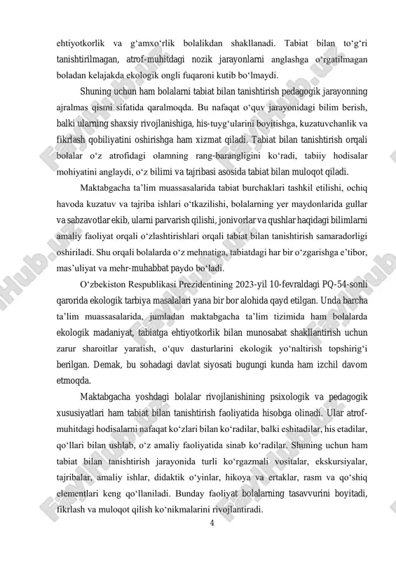 ta kuzatish orqali bilim olishlariga imkon beradi. amaliyotga yaqinlik tamoyili esa bolalarning bilim olish jarayonini amaliy faoliyat bilan uyg‘unlashtirishni ta’minlaydi. shu tarzda bolalar o‘z tajribasi asosida bilim oladilar va uni real hayotda qo‘llashga o‘rgatiladilar. shu nuqtai nazardan, maktabgacha ta’lim tizimida tabiat bilan tanishtirish tamoyillarini o‘rganish va amaliyotda qo‘llash dolzarb masala hisoblanadi. bu orqali bolalarda ekologik madaniyat, tabiatga ehtiyotkorlik, mehnatsevarlik va javobgarlik singari fazilatlar shakllanadi. tabiat inson hayotining ajralmas qismi bo‘lganidan, bolalar kichik yoshdan boshlab tabiat bilan muloqot qilish, uni anglash, asrash va qadrlash madaniyatiga ega bo‘lishi kerak. bugungi kunda maktabgacha ta’lim muassasalarida innovatsion pedagogik yondashuvlar orqali tabiat bilan tanishtirish faoliyati yanada takomillashtirilmoqda. zamonaviy o‘quv uslublari, interaktiv mashg‘ulotlar, tajribaviy loyihalar bolalarda mustaqil fikrlash, mantiqiy tahlil qilish va ijodiy yondashish ko‘nikmalarini rivojlantirishga xizmat qilmoqda. shu boisdan, mazkur kurs ishida tabiat bilan tanishtirish tamoyillarining mazmuni, ularning pedagogik asoslari, amaliyotdagi qo‘llanilishi va samaradorligi o‘rganiladi. kurs ishining maqsadi. ushbu kurs ishining maqsadi maktabgacha yoshdagi bolalarni …