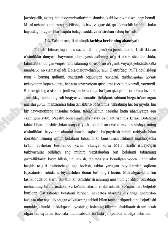 di. bola ongining o‘sishida, jonli va jonsiz tabiatga bo‘lgan qiziqishini ortishida tevarak - atrofdagi tabiatning roli beqiyos va kattadir. bolalarni, tabiatni bizga in’om etgan ana shu go‘zal manzaralari bilan tanishtirib borishimiz, tabiatning har bir giyohi, har bir hayvonotining insonlar uchun, tabiat uchun naqadar katta nhamiyatga ega ekanligini aytib, o‘rgatib borishimiz, ma’naviy oziqlantirishimiz kerak. bolalarni tabiat bilan tanishtirishdan maqsad yosh avlodni ona vatanimizni sevishga, uning o‘simliklari, hayvonot olamini asrash, saqlash, ko‘paytirish ruhida tarbiyalashdan iboratdir. buning uchun bolalarni tabiat bilan tanishtirish ishlarini maklabgacha ta’lim yoshidan boshlamoq kerak. shunga ko‘ra mtt larida ishlayotgan tarbiyachilar oldidagi eng muhim vazifalardan biri bolalarni tabiatning go‘zalliklarini ko‘ra bilish, uni sevish, tabiatda yuz beradigan voqea - hodisalar haqida to‘g‘ri tushunchaga ega bo‘lish, tabiat yaratgan boyliklardan oqilona foydalanish ruhida tarbiyalashdan iborat bo‘lmog‘i lozim. maktabgacha ta’lim tashkilotida bolalarni tabiat bilan tanishtirish ishining mazmuni yoritilib, tabiatdagi mehnatning bilim, malaka, va ko‘nikmalarini shakllantirish yo‘nalishlari belgilab borilgan. bu talablar bolalarni birinchi navbatda ularning …