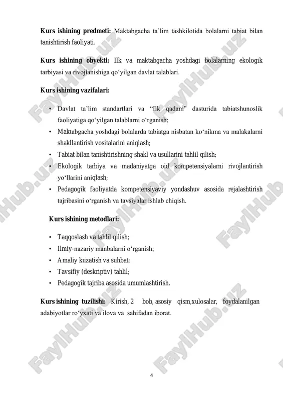 konfliktlarni hal qilishni rivojlantiradi. shu bilan birga, ochiq havoda bo‗lish kayfiyatni ko‗taradi, ruhiy holatni barqarorlashtiradi, stress va bezovtalikni sezilarli darajada kamaytiradi . mazkur yondashuv bolalarda ijodkorlik va tasavvur doirasini ham kengaytiradi. daraxt shoxlari, toshlar, yaproqlar bilan o‗ynash yaratishni rag‗batlantiradi, bu esa 6 ularning innovatsion fikrlashini rivojlantiradi va ijtimoiy o‗yin orqali muammoni hal qilish ko‗nikmalarini mustahkamlaydi . tabiat bilan doimiy tanishuv, masalan, bog‗da ekin o‗stirish, hasharotlarni kuzatish va fasllarni o‗rganish orqali ekologik ong shakllanadi. bolalar bu faoliyat orqali tabiatga muhabbat, hurmat va mas‘uliyatni anglay boshlaydi. tadqiqotlar shuni ko‗rsatadiki, erta yoshda tabiiy muhit bilan chuqur aloqa bolaning kelajakda ekologik fuqarolikka intilishining eng kuchli indikatoridir . qisqasi, maktabgacha ta‘limdagi tabiatshunoslik tarbiyasi bolalarda quyidagi rivojlanish jihatlarini bir vaqtda rag‗batlantiradi: jismoniy barqarorlik, kognitiv va ilmiy tafakkur, ijodkorlik, ijtimoiy-intellektual ko‗nikmalar, emotsional boylik va ekologik mas‘uliyat. ushbu omillar birgalikda bolalarning kompleks, barqaror va uzoq muddatli rivojlanishini ta‘minlaydi va kelajakka tayyorlaydi. tabiatshunoslik tarbiyasi maktabgacha yoshdagi bolalar uchun oʻzini …