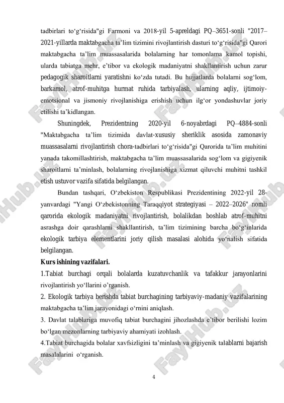 zohlash. 4.tabiat burchagida bolalar xavfsizligini ta’minlash va gigiyenik talablarni bajarish masalalarini o‘rganish. 5 mavzuning o‘rganilganlik darajasi. maktabgacha ta’lim tizimida bolalarning tabiiy muhit bilan uyg‘un rivojlanishini ta’minlash, ularda ekologik madaniyat, atrof-muhitga nisbatan ongli munosabat, kuzatuvchanlik va fikrlash qobiliyatlarini shakllantirish masalasi so‘nggi yillarda pedagogika fanining dolzarb yo‘nalishlaridan biri sifatida ko‘plab ilmiy-amaliy tadqiqotlarda o‘z aksini topmoqda. o‘zbekistonlik pedagog olimalar — m. sodiqova, g. yo‘ldosheva, n. qayumova, d. tursunova, s. quronboyeva va boshqalar o‘z tadqiqotlarida maktabgacha yoshdagi bolalarda kuzatuvchanlik, ijodiy fikrlash va ekologik ongni shakllantirishda tabiat burchagining o‘rni haqida ilmiy asoslangan fikrlar bildirishgan. jumladan, professor m. sodiqovaning izlanishlarida bolalarda tabiatni o‘rganish orqali tafakkur jarayonlarini rivojlantirishning samarali usullari yoritilgan. g. yo‘ldosheva esa maktabgacha yoshdagi bolalarda ekologik madaniyatni shakllantirishda didaktik o‘yinlar va amaliy mashg‘ulotlar asosida tashkil etilgan tabiat burchagining ahamiyatini tadqiq qilgan. shuningdek, xorijiy tajribalarda ham maktabgacha yoshdagi bolalar bilan ishlashda tabiat burchagi pedagogik muhitni boyituvchi asosiy vosita sifatida ko‘riladi. jumladan, rus pedagogi a.v. zaporojets, ukrain …