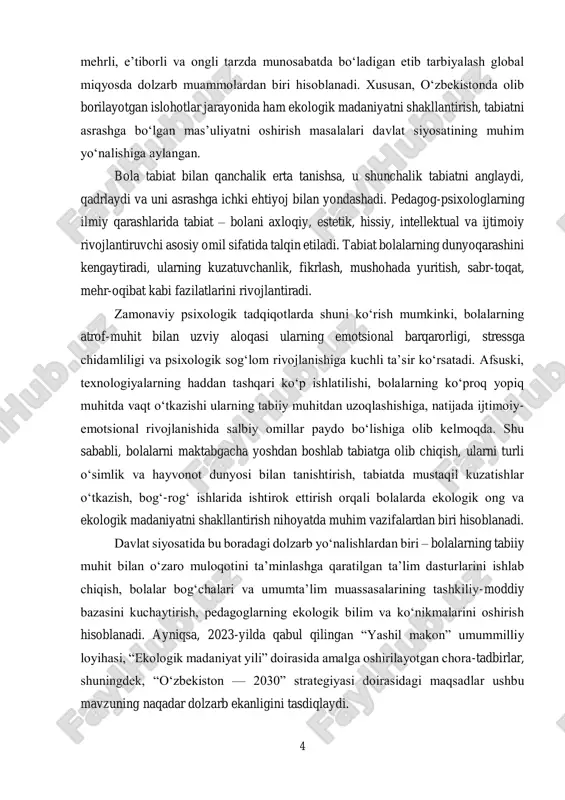 ondashuvlarini ishlab chiqish mumkin. bu esa o‘z navbatida yosh avlodni tabiatni sevuvchi, uni qadrlaydigan va asraydigan insonlar etib tarbiyalashga xizmat qiladi. kurs ishining maqsadi. pedagog-psixologlarning bolalarni tabiat bilan tanishtirishning tarbiyaviy va psixologik ahamiyatiga doir fikrlarini o‘rganish hamda ularning amaliy yondashuvlarini tahlil qilish. kurs ishining vazifalari. 1. bolalarni tabiat bilan tanishtirishning tarbiyaviy va psixologik ahamiyatini ilmiy manbalar asosida tahlil qilish. 2. pedagog-psixologlarning bu boradagi qarashlari va tajribalarini o‘rganish. 3. tabiat orqali bolalarda ekologik ong va hissiy-estetik didni shakllantirish usullarini aniqlash. 4. olingan nazariy va amaliy ma’lumotlar asosida xulosalar chiqarish va takliflar ishlab chiqish. kurs ishining obyekti. bolalarni tabiat bilan tanishtirish jarayoni. kurs ishining predmeti. pedagog-psixologlarning bolalarni tabiat bilan tanishtirishga doir qarashlari va yondashuvlari. kurs ishining o‘rnilganlik darajasi. bolalarni tabiat bilan tanishtirish masalasi bir qator pedagog va psixologlar tomonidan chuqur o‘rganilgan. ilmiy maqolalar, tadqiqotlar va metodik qo‘llanmalarda bu jarayonning tarbiyaviy, psixologik va estetik ahamiyati yoritilgan. ayniqsa, maktabgacha ta’lim tizimida bolalarni atrof-muhit bilan …
