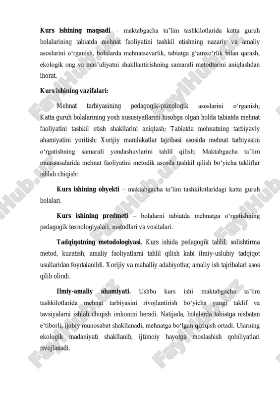 larni shakllantirishga qaratilgan tarbiyaviy jarayondir. bu jarayon bolaning ongli ravishda mehnatga bo‘lgan munosabatini, ijtimoiy faol pozitsiyasini, mustaqil fikrlash, jamoada ishlash, mas’uliyat, intizom, sabr-toqat, tozalik, poklik, tejamkorlik kabi xatti-harakatlarini rivojlantirishga xizmat qiladi. pedagogik nuqtai nazardan olib qaralganda, mehnat tarbiyasi insoniyat jamiyatida qadimdan mavjud bo‘lgan eng muhim ijtimoiy jarayondir. o‘zbekiston xalq pedagogikasida bu holat juda qadimdan shakllangan. masalan, qadim ota- bobolarimiz bolalarni yoshligidan boshlab oilaviy yumushlarga jalb etgan. qiz bolaga gul o‘tkazish, o‘g‘il bolaga maysa o‘rish, chorvaga g‘amxo‘rlik qilish topshirilgan. bu mehnatlar bolani hayotga tayyorlaydigan “tabiiy maktab” vazifasini o‘tagan. bugungi kunda bu qadriyatlar davlat ta’lim siyosati darajasiga ko‘tarilgan. “ta’lim to‘g‘risida”gi qonun va “ilk va maktabgacha yoshdagi bolalar rivojlanishiga qo‘yiladigan davlat talablari”da mehnatga tayyorlash alohida yo‘nalish sifatida ko‘rsatilgan. bolalar bog‘chalarida esa bu yo‘nalish “sog‘lom turmush tarzi”, “ixtirochilik”, “amaliy mashg‘ulotlar” orqali amalga oshiriladi. mehnat tarbiyasining maqsadlari: bolalarda mehnatga bo‘lgan ijobiy munosabatni shakllantirish; mehnat orqali bolani mustaqil qaror qabul qilishga o‘rgatish; atrof-muhitga g‘amxo‘rlik qilish madaniyatini …
