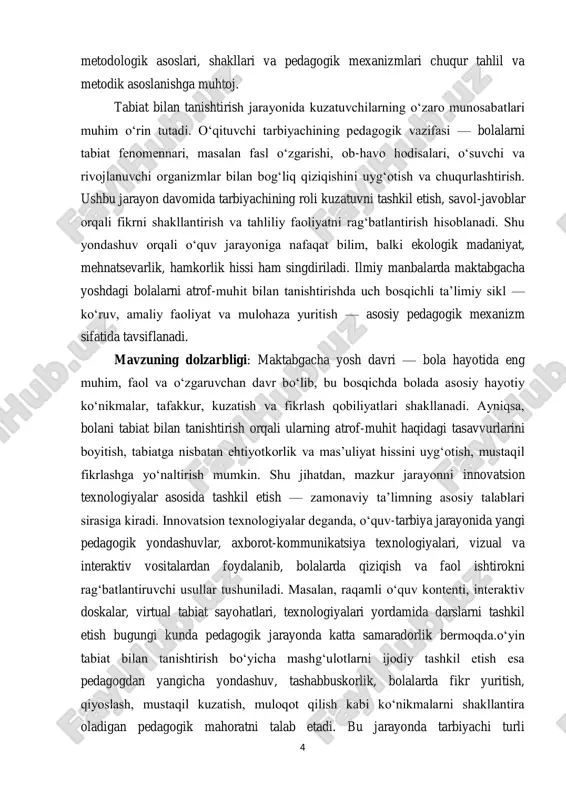 bu jarayonda tarbiyachi turli 5 innovatsion texnologiyalardan foydalanib, bolalarning faol ishtirokini ta‘minlovchi o‗yinli metodlar, ekologik loyihalar, vizual ko‗rgazmalar, tajriba-sinov mashg‗ulotlarini samarali uyg‗unlashtirishi lozim. kurs ishining maqsadi. maktabgacha ta‘lim tashkilotlarida tabiat bilan tanishtirish mashg‗ulotlarini innovatsion texnologiyalar asosida ijodiy tashkil etishning samarali usullarini aniqlash, zamonaviy pedagogik yondashuvlarni o‗rganish hamda bolalarda ekologik ong va kuzatuvchanlikni shakllantirishga xizmat qiluvchi pedagogik shart-sharoitlarni yaratish. kurs ishining vazifalari. ushbu kurs ishining asosiy maqsadiga erishish uchun quyidagi vazifalar belgilab olindi: 1. tabiat bilan tanishtirishning nazariy asoslarini yoritish. 2. innovatsion texnologiyalarning ta‘lim jarayonidagi o‗rni va ahamiyatini aniqlash. 3. maktabgacha ta‘lim tashkilotlarida tabiatshunoslik mashg‗ulotlarini ijodiy tashkil etishning samarali shakl va metodlarini aniqlash. kurs ishining obyekti. innovatsion texnologiyalar asosida tabiat bilan tanishtirish mashg‗ulotlarni ijodiy tashkil etish jarayoni. kurs ishining predmeti. innovatsion texnologiyalar asosida tabiat bilan tanishtirish mashg‗ulotlarni ijodiy tashkil etishning usul va vositalari. kurs ishining o„rnilganlik darajasi. maktabgacha ta‘limda tabiat bilan tanishtirish, ekologik tarbiya va innovatsion texnologiyalarni qo‗llashga doir masalalar ko‗plab …