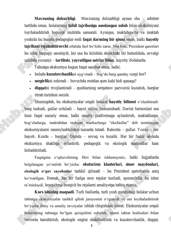 skursiya tushunchasi va uning pedagogik ahamiyatini o‘rganish. 2. turli yosh guruhlarida ekskursiya tashkil qilishning nazariy asoslarini tahlil qilish. 3. turli fasllarda ekskursiyalarni loyihalashtirish va ularning xususiyatlarini aniqlash. 4. tabiatga ekskursiya jarayonida bolalarda ekologik tarbiyani shakllantirish bo‘yicha amaliy tavsiyalar ishlab chiqish. kurs ishining obyekti. turli yosh guruhidagi bolalarda tabiatga bo‘lgan qiziqish va ekologik tarbiya jarayoni. kurs ishining predmeti. turli fasllarda turli yosh guruhlarida tabiatga ekskursiyani loyihalashtirish jarayoni. kurs ishining o‘rganilganlik darajasi. bolalarda tabiatga bo‘lgan qiziqishni shakllantirish va ekologik tarbiya berish masalalari ko‘plab olim va mutaxassislarning ilmiy tadqiqotlarida keng yoritilgan. bu sohada turli yondashuvlar mavjud bo‘lib, bolalarning tabiatga bo‘lgan munosabati, ularning fikrlash va kuzatuvchanlik qobiliyatlarini rivojlantirish usullari har xil pedagogik maktablarda ishlab chiqilgan. jumladan, j. piaget bolalarning kognitiv rivojlanish bosqichlari orqali ularning atrof-muhitni idrok etishi qanday shakllanishini o‘rgangan. m. montessori esa bolalarga mustaqil faoliyat orqali tabiat bilan tanishish imkoniyatini berish pedagogikasi asosida o‘z metodikasini yaratgan. shuningdek, v.a. sukhomlinskiy, a.v. mudrik, n.a. ryzhova …