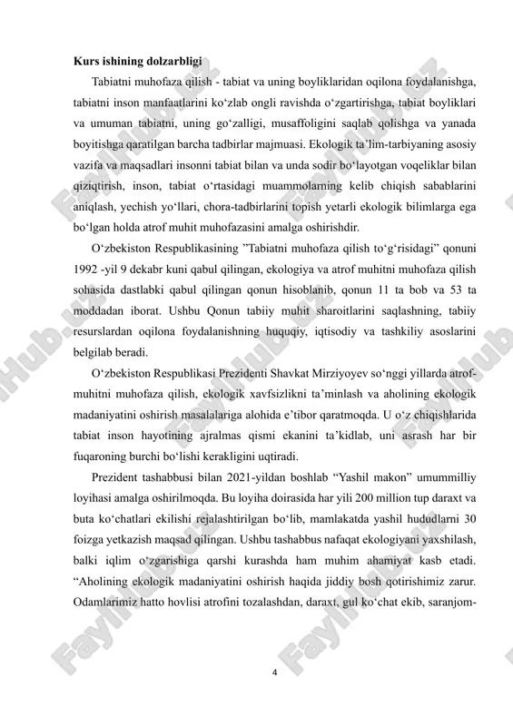 atadi va uni oshirish bo‘yicha chora-tadbirlar zarurligini ko‘rsatadi. mavzuning o‘rganilganlik darajasi tabiat bilan inson o‘rtasidagi uyg‘unlikni ta’minlashda ekologik ta’lim- tarbiyaning roli nihoyatda katta. ta’lim tizimining barcha bosqichlarida amalga oshiriladigan uzluksiz ekologik ta’lim va tarbiya insonning tabiatiga, qolaversa, o‘ziga nisbatan yangi munosabatlarning shakllanishini taqozo etadi. bu o‘z navbatida barkamol insonning shakllanishida poydevor b o‘lib xizmat qilishi mumkin. tabiatga nisbatan muhabbat uyg‘otish ona vatanga, uning tabiat yodgorliklari, tarixiy obidalari, xalqimizning an’analariga hurmat ruhida tarbiyalashga, yuksak ma’naviyatli shaxsning shakllanishiga olib keladi. bundan kelib chiqadiki makatbgacha yoshidagi bolalarni tabiat bilan tanishtirish muhim vazifa hisoblanadi. maktabgacha tarbiya yoshidagi bolalarni tabiat bilan tanishtirish masalalari bilan juda ko‘p pedagog-olimlar shug‘ullanganlar. rus milliy pedagogikasining asoschisi k.d. ushinskiy, i.g. pestalossi, s.a. veretenikova, p.g. samorukova, m.m. markovskaya a.g. grigoryans, u.b. g‘ofurovalarning kabi taniqli olimlar bolalarni tabiat bilan tanishtirish va uning ta’limiy hamda tarbiyaviy ahamiyati haqida izlanganlar va bu haqida o‘zlarining asarlarida ma’lumot qoldirganlar. a.g. grigoryans, u.b. g‘ofurovalarning “bolalar bog‘chasida ekologik …