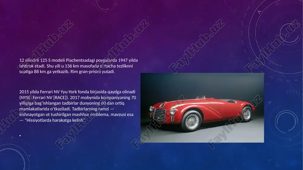 aylandi: amerikalik telekommunikatsiya magnati kreyg makko uni 38,1 million dollarga xarid qilgan. “formula-1” poyga ferrari’si 2017 yil boshida barselonadagi sinov trekida aylana yo‘lni yakunlamoqda. fevral oyida ferrari yangi poyga avtomobilini taqdim etdi va u mercedes-benz daimler ag bilan 2017 yilgi “formula-1” chempionatida baslashadi. scuderia ferrari jamoasi so‘nggi marta konstruktorlar kubogida 10 yilcha muqaddam — 2008 yilda g‘alaba qozongan, o‘tgan yili esa biror poygada g‘alaba qozona olgani yo‘q, shu sababli italyanlar: “bizda o‘zimizni oqlash uchun biror bahona qolmadi”, deyishadi. sf70-h nomi ostidagi yangi avtomobil italiyadagi fiorano sinov trekida taqdim etildi va uni “formula-1”ning yangi mavsumiga tayyorgarlik doirasida pilotlar sebastyan fettel va kimi raykkonen boshqarib ko‘rishdi. etiboringiz uchun raxmat image2.png image3.png image4.jpeg image5.jpeg image6.jpeg image7.jpeg image8.jpeg image9.jpeg image10.jpeg image11.jpeg image12.jpeg /docprops/thumbnail.jpeg