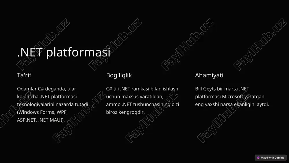 irilgan grafik imkoniyatlar boy va interaktiv dasturlar yaratishga imkon beradi resurslarga bo'lgan talablar multimedia multimedia bilan ishlashni qo'llab-quvvatlaydi winforms bilan integratsiya teskari moslashuvchanlikni ta'minlaydi cheklangan kross-platforma kross-platformali dasturlarni ishlab chiqish imkoniyatlarini cheklaydi * xaml (extensible application markup language) xaml — bu .net platformasida ob'ektlarni inicializatsiya qilish uchun ishlatiladigan markup tili. wpf (va silverlight) kontekstida bu til asosan grafik interfeysni deklarativ usulda yaratish uchun qo'llaniladi. * xamlning afzalliklari interfeys va mantiqni ajratish dizaynerlar va dasturchilar o'rtasida ishni mustaqil ravishda taqsimlashga yordam beradi. kompaktlik va tushunarlilik xaml kodi nisbatan oson qo'llab-quvvatlanadi. bamlga kompilyatsiya visual studio'da dastur kompilyatsiya qilinganda, xaml fayllaridagi kod baml (binary application markup language) ga aylantiriladi. * xaml strukturasi 1 window dasturning oynasini ifodalaydi. 2 page sahifalarni yaratish uchun ishlatiladi. 3 application ilovaning asosiy elementi. * xaml nomlar fazolari 1 xmlns:x xamlda ba'zi xususiyatlarni belgilaydi. 2 xmlns:d dizayn rejimida atributlarni qo'llab-quvvatlaydi. 3 xmlns:mc xaml markup muvofiqligini ta'minlaydi. 4 xmlns:local joriy …