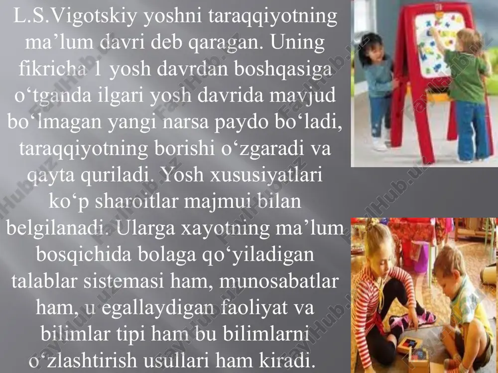 rcha davrini yaxlit tarzda qamrab olgan klassifikatsiyalaridan biri butun jahon olimlarining qaroriga ko‘ra, 1965 yili fanlar akademiyasining maxsus simpoziumida qabul qilingan sxema hisoblanadi. u quyida berilgan jadvalda keltirilgan. yosh davrlari erkaklarda ayollarda chaqaloqlik 1-10 kun 1-10 kun emiziklik davri 10 kundan 1 yoshgacha 10 kundan 1 yoshgacha ilk bolalik 1-2 yosh 1-2 yosh bolalikning 1-davri 3-7 yosh 3-7 yosh bolalikning 2-davri 8-12 yosh 8-11 yosh o‘smirlik davri 13-16 yosh 12-15 yosh o‘spirinlik davri 17-21 yosh 16-20 yosh o‘rta yetuklik davri birinchi bosqich 22-35 yosh 21-35 yosh ikkinchi bosqich 36-60 yosh 36-55 yosh keksalik davri 61-75 yosh 56-75 yosh qarilik davri 76-90 yosh 76-90 yosh uzoq umr ko‘ruvchilar 90 yoshdan ortiq 90 yoshdan ortiq amerikalik psixolog e.erikson insonning umrini o‘ziga xos bektakror xususiyatlarga molik 8 ta davrga ajratadi. birinchi davr – go‘daklikda tashqi dunyoga ongsiz “ishonch” tuyg‘usi vujudga keladi ikkinchi davr – ilk bolalikda yarim mustaqillik va shaxsiy qadr-qimmat tuyg‘usi shakllanadi …