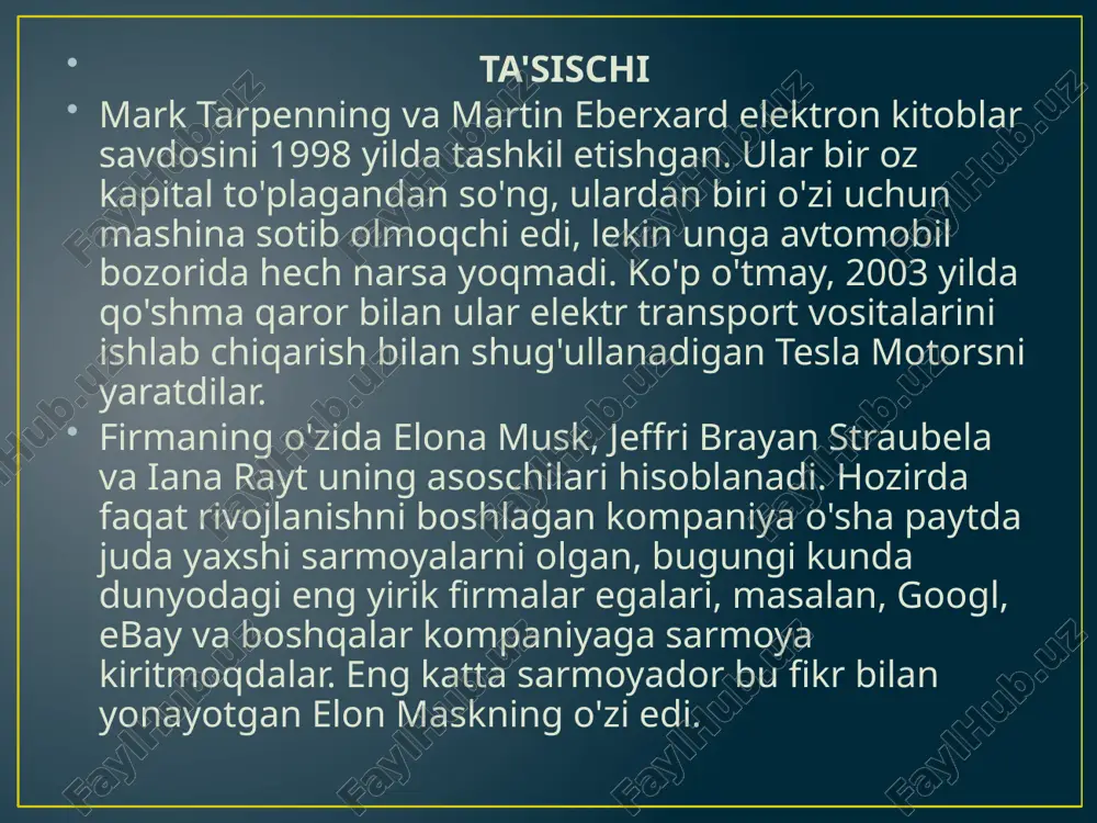 obili 2005 yilda paydo bo'lgan. tesla nima qiladi? to'liq elektr transport vositalarini ishlab chiqish va ishlab chiqarishdan tashqari, kompaniya elektr energiyasini samarali saqlash tizimlarini ishlab chiqadi. tesla mashinasini kim ishlab chiqaradi? kompaniyaning bir nechta zavodlari aqshda (kaliforniya, nevada, nyu-york shtatlari) joylashgan. 2018 yilda kompaniya xitoyda (shanxay) yer sotib oldi. evropa modellari berlinda yig'iladi. image1.jpeg image2.png image3.png /docprops/thumbnail.jpeg