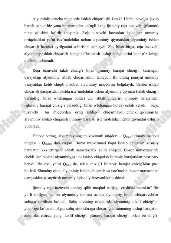 talab (xususiy qiymat) ifloslanish va ijtimoiy maqbul holat salbiy tashqi ta’sir, masalan ifloslanish, bo’lganda, tovarlar ijtmoiy xarajati xususiy xarajatdan oshib ketadi. shuning uchun, optimal miqdor qmaqbul, muvozanat miqdor qbozor dan past. maqbul holat taklif (xususiy xarajat) tashqi xarajat alyuminiy miqdori rasm alyuminiy bahosi bozor maqbul bunday soliqni joriy etish tashqi ta’sirni o`zlashtirish deb nomlanadi, chunki u bozorda sotuvchi va xaridorlarni o`z ishlari tashqi ta’sirlarini hisobga olishga undaydi. alyuminiy ishlab chiqaruvchilar odatda qancha alyuminiy taklif qilishi haqida qaror qabul qilishda ifloslantirish harajatlarini ham hisobga oladi, chunki soliq ularni tashqi harajatlarini ham to`lashga majbur qiladi va bozor narxi ishlab chiqaruvchilarga qo`yilgan soliqni ham aks ettirgani uchun, alyuminiy iste’molchilari kamroq miqdorda foydalanishga harakat qilishadi. bu siyosat iqtisodiyotning o`nta tamoyillarining biriga asoslangan: odamlar ta’sirlarga javob qilishadi. mazkur bobning oxirida, siyosatchilar tashqi ta’sirlarni qanday hal qilishini chuqurroq ko`rib chiqamiz. ijobiy tashqi ta’sirlar ba’zi faoliyatlar uchinchi shaxslarga ham harajatlar joriy qilsa ham, boshqalar bundan foyda olishadi. …