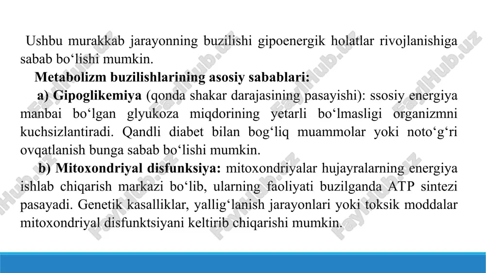 ularni vaqtida tashxislash va davolash gipoenergik holatlar asoratlarining oldini olishda muhim ahamiyatga ega. 2. oziqlanish yetishmovchiligi: kaloriya va makronutrientlarning yetarli darajada qabul qilinmasligi. vitaminlar (masalan, b guruh vitaminlari) va minerallar (masalan, temir, magniy) tanqisligi. 3. jismoniy va ruhiy charchoq: uzoq davom etuvchi stress va psixologik zo‘riqish energiya tanqisligini keltirib chiqaradi. 4.yallig‘lanish kasalliklari va infektsiyalar: energiya almashinuvi jarayonlarini buzadi va charchoqqa olib keladi. 2. gipoenergik holatlarning belgilari gipoenergik holatlar quyidagi belgilar bilan kechadi: fizik zaiflik: jismoniy faollikning pasayishi, tez charchash. asab tizimi buzilishlari: diqqatni jamlashning qiyinlashuvi, xotira buzilishlari, depressiya va kayfiyat o‘zgarishlari. jismoniy o‘zgarishlar: terining quruqligi, sochlarning to‘kilishi, mushak massasi kamayishi. immunitetning pasayishi: qayta-qayta kasallanish. 3. tashxis qo‘yish usullari klinik ko‘rik: shikoyatlar va anamnez asosida dastlabki tashxis. laborator tahlillar: qon biokimyosi (glyukoza, laktat, piruvat, elektrolitlar), gormonlar darajasi (t3, t4, kortizol). instrumental tadqiqotlar: elektromiografiya (mushak energiyasini baholash), qalqonsimon bez va buyrak usti bezlari utt. 4. gipoenergik holatlarni davolash va oldini olish tibbiy …