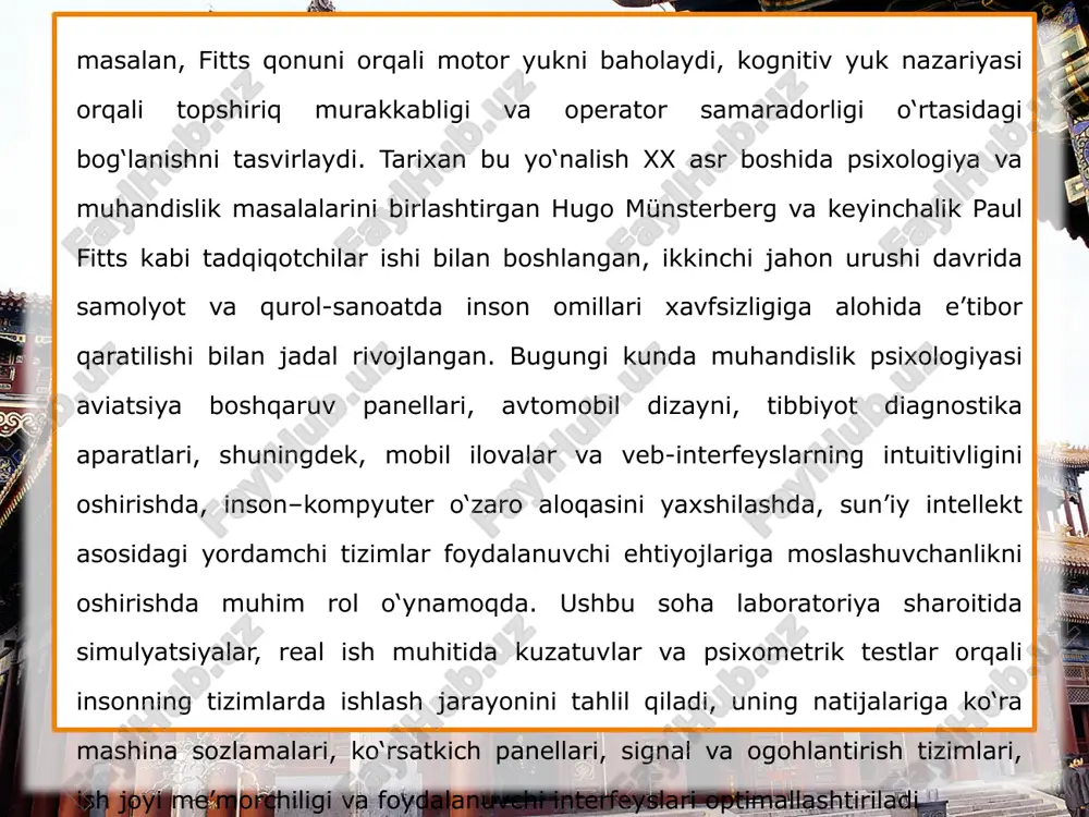 ashqari muhandislik psixologiyasi ijtimoiy‑organizatsion omillarni ham inkor etmaydi: jamoa ichidagi ish taqsimoti, kommunikatsiya kanallari, jismoniy va psixologik xavfsizlik muhitini o‘rganadi. masalan, favqulodda vaziyatlarda jamoa a’zolarining ro‘yxatga olinishi, signalni qabul qilish va qaror qabul qilish jarayonlari sinxronligini kafolatlaydigan protokollar ishlab chiqiladi. yuqorida sanab o‘tilgan tamoyil va metodlar asosida muhandislik psixologiyasi jarayonni quyidagicha ilmiy tasavvurga soladi: “inson — tizim” munosabati dinamik, o‘zgaruvchan parametrlar to‘plami bo‘lib, bu yerda har bir vizual, akustik yoki haptik signal operatorning kognitiv va motor qobiliyatlari doirasida chiqish natijasini belgilaydi. tizimning optimal ishlashi insonning xatoga moyilligini kamaytirish, stressni boshqarish va maksimal ish faoliyatini ta’minlash orqali erishiladi. shunday qilib, muhandislik psixologiyasida ilmiy tasavvur – bu nazariy model va eksperimental natijalarni tizimli tarzda birlashtirib, murakkab texnik, ijtimoiy va kognitiv omillarning dinamik o‘zaro ta’sirini aniqlovchi va uni loyihaga tatbiq etuvchi yondashuvdir. e’tiboringiz uchun rahmat image3.jpeg image4.png image4.svg image2.jpeg /docprops/thumbnail.jpeg