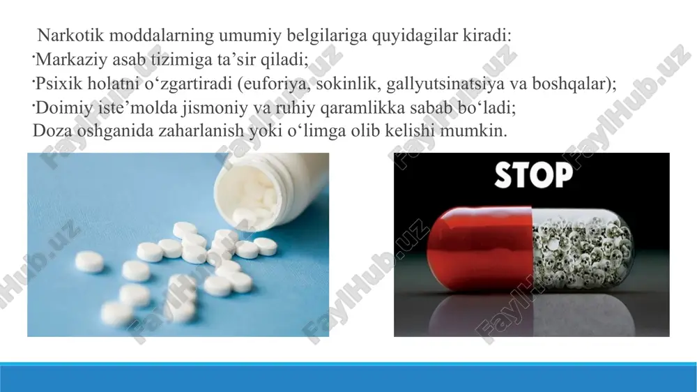 oki noto‘g‘ri salbiy natija beradi. tasdiqlovchi tahlillar bilan mustahkamlanishi shart. elisa (ferment bilan bog‘langan immunosorbent tahlil). elisa tahlili fermentlar va antikorlar yordamida biologik namunada maqsadli narkotik yoki uning metabolitlarini aniqlash imkonini beradi. reaksiyada rang o‘zgarishi asosida modda mavjudligi aniqlanadi. afzalliklari: yuzlab namunalarni bir vaqtning o‘zida analiz qilish mumkin. yuqori sezuvchanlik va spetsifiklik. klinik va tadqiqot laboratoriyalarida keng qo‘llaniladi. kamchiliklari: faqat ma’lum moddalarga mos antikorlar mavjud. salbiy yoki ijobiy natijalarni xato talqin qilish ehtimoli bor. qimmat reagentlar talab etadi. gaz xromatografiyasi (gc) va mass-spektrometriya (gc-ms). gaz xromatografiyasi moddalarni ularning fizik-kimyoviy xossalariga ko‘ra ajratadi. mass-spektrometriya esa moddalarning massa/zarad nisbatini o‘lchab, ularni identifikatsiya qiladi. gc-ms eng ishonchli usullardan biri hisoblanadi va "oltin standart" deb qaraladi. afzalliklari: yuqori aniqlik (ppb – milliardda bir darajada). narkotik moddaning o‘zi yoki uning noaniq metabolitini ham aniqlaydi. narkotik turi va miqdorini aniq belgilab beradi. sud-tibbiyot ekspertizasi va ilmiy tekshiruvlar uchun muhim. kamchiliklari: qimmat uskunalar talab etiladi. maxsus laboratoriya …