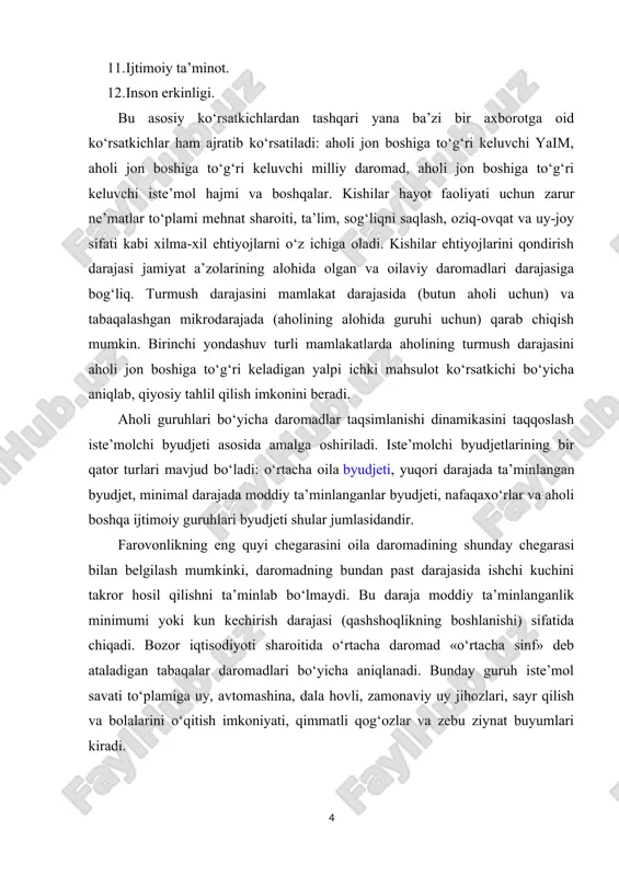 ori ta’minlangan yoki «boy» qatlamining mavjud bo‘lishini taqozo qilib, ularga aholining yuqori sifatli tovar va xizmatlar xarid qilishga layoqatli bo‘lgan juda oz miqdori kiradi. turmush darajasi kishilarning turmush tarzi bilan uzviy bog‘liq. turmush tarzi – bu kishilar (jamiyat, ijtimoiy qatlam, shaxs)ning milliy va jahon hamjamiyatidagi hayot faoliyati turi hamda usullarini aks ettiruvchi ijtimoiy-iqtisodiy kategoriya. turmush tarzi inson hayot faoliyatining turli jihatlarini qamrab oladi, ya’ni: - mehnat, uni tashkil etishning ijtimoiy shakllari; - turmush va bo‘sh vaqtdan foydalanish shakllari; - siyosiy va ijtimoiy hayotda ishtirok etish; - moddiy va ma’naviy ehtiyojlarni qondirish shakllari; - kishilarning kundalik hayotdagi xulq-atvori me’yorlari va qoidalari. 2. daromadlar tengsizligi va uning darajasini aniqlash dunyodagi barcha mamlakatlar aholi jon boshiga to‘g‘ri keladigan o‘rtacha daromadlar darajasi bilan bir-biridan keskin farqlanadi. bu turli mamlakatlar aholisining daromadlari darajasi o‘rtasida tengsizlik mavjudligini bildiradi. shu bilan birga alohida olingan mamlakatlar aholisining turli qatlam va guruhlari o‘rtacha daromadlari darajasida ham farq mavjud bo‘ladi. …