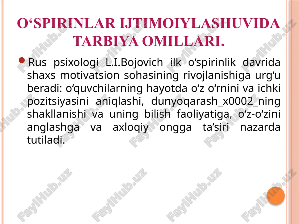 o’rganadigan jismoniy taraqqiyot, psixologiya o’rganadigan ongli «men»ning rivojlanishi, ijtimioy fanlar o’rganadigan ijtimoiy rivojlanish. taraqqiyotning asosiy qonuni — «epigenetik prinsip» bo’lib, rivojlanishning har bir yangi bosqichida oldingi bosqichlarda bolmagan yangi hodisa va xislatlar paydo boladi. taraqqiyotning yangi fazasiga olish «normativ inqiroz» shaklida oladi, u tashqaridan patologik hodisaga o‘xshaydi, lekin o‘sishning normal qiyinchiliklarini ifodalaydi personologik yo‘nalish vakillari, jumladan e.shprangerning ta’kidlashicha, bu davrdagi asosiy o‘zgarishlar: shaxsiy «men»ni kashf qilish, refleksiyaning o‘sishi, o'zining individualligini anglash va shaxsiy xususiyatlarini e’tirof etish, hayotiy ezgu rejalarning paydo bolishi, o‘z shaxsiy turmushini ongli holda qurishga intilish va hokazolardir. shpranger o‘spirinlikni ikki davrga boladi. birinchi davr 14—17 yoshlarda vujudga keladigan inqiroz o‘spirinlarda o‘zlarini kattalarning bolalarcha munosabati doirasidan qutulish tuyg‘usi paydo bolishidan iboratdir. 17—21 yoshlilarning asosiy xususiyati ularda tengqurlaridan «ajralish» inqirozi va tanholik istagining paydo bolishidir. kognitivistik yo‘nalishning asoschilari qatoriga j.piaje, dj.kelli, l.kolberg, d.bromley, dj.birrer, a.vallon, g.grimm va boshqalarni kiritish mumkin. j.piajening intellekt nazariyasi aql-idrok funksiyalari hamda uning davrlari haqidagi …