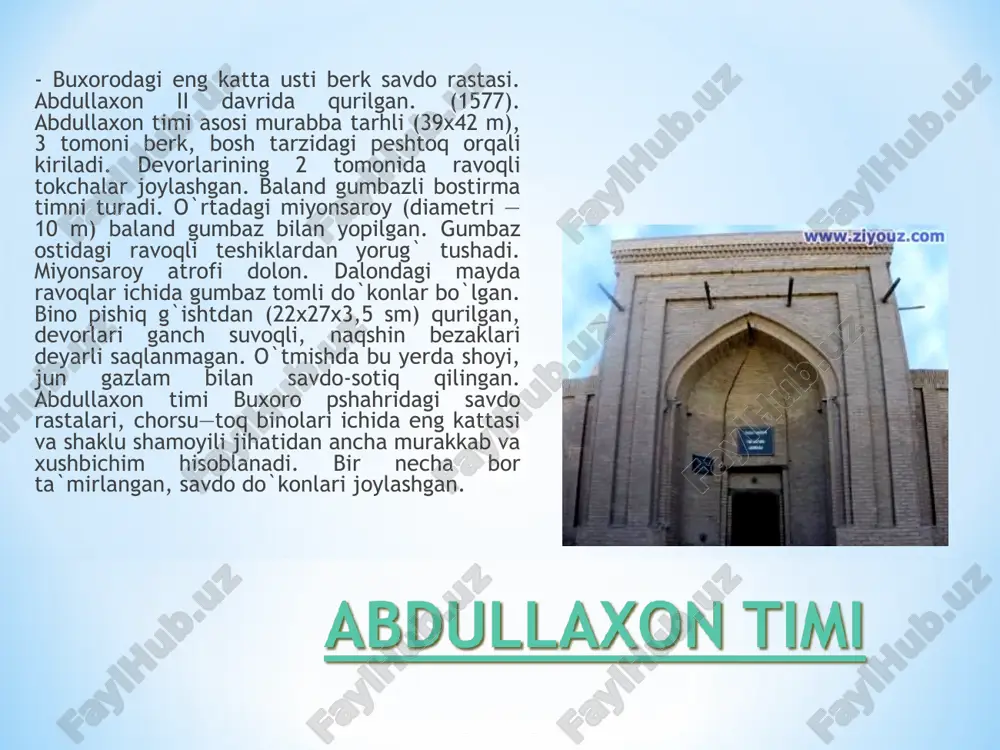 kalon minorai kalon. arslonxon minorasi (buxoro, 1127)-poydevori tosh va maxsus qir qorishmasidan terilgan. asosining diametri 9 m, balandligi-50,0 m, kursisimon qirrador, tanasi silindrsimon. minoraning ichida 104 pilpoya aylanma zinasi, mezanasida 16 ta darchasi bor. masjidi kalon tomidan minoraga o`tadigan ko`p-rikcha bo`lgan. masjidi kalon masjidi kalon (buxoro, 15-16-asrlar)-eski masjid qoldiqlari o`rnida qurilgan. masjid to`g`ri to`rtburchak tarhli. hovlining to`rt tomoni ravoqli galereya, 288 gumbazli, g`ishtin ustunlarga tayangan. masjidning yeti ustuni bor. g`arbiy devoridagi naq-shinkor mehrobda usta boyazid puroniy nomi saqlangan. labihovuz ansambli (buxoro, 17-asr)-dastlab bozor maydoni bo`lgan. maydon o`rtasida katta hovuz qazilib (1620), atrofiga xarsanglardan zinapoyalar qilin-gan. uning g`arbiy tomonida devonbegi xonaqohi, sharqida ko`kaldosh va ernazar elchi madrasalari qad ko`targan. 17-asrning 20-yillarida qurilgan dastlabki ikki yodgorlik (devon-begi xonaqohi va madrasasi) ayniqsa sernaqsh va serhashamdir. ular labihovuz majmuasini tashkil qiladi. ko`kaldosh madrasasi ko`kaldosh madrasasi (buxoro, 1557-98)– abdulla-xon ii ning sarkardasi qu-lbobo ko`kaldosh tashab-busi bilan bunyod etilgan. hovlisi atrofida 160 hujra va darsxona hamda …