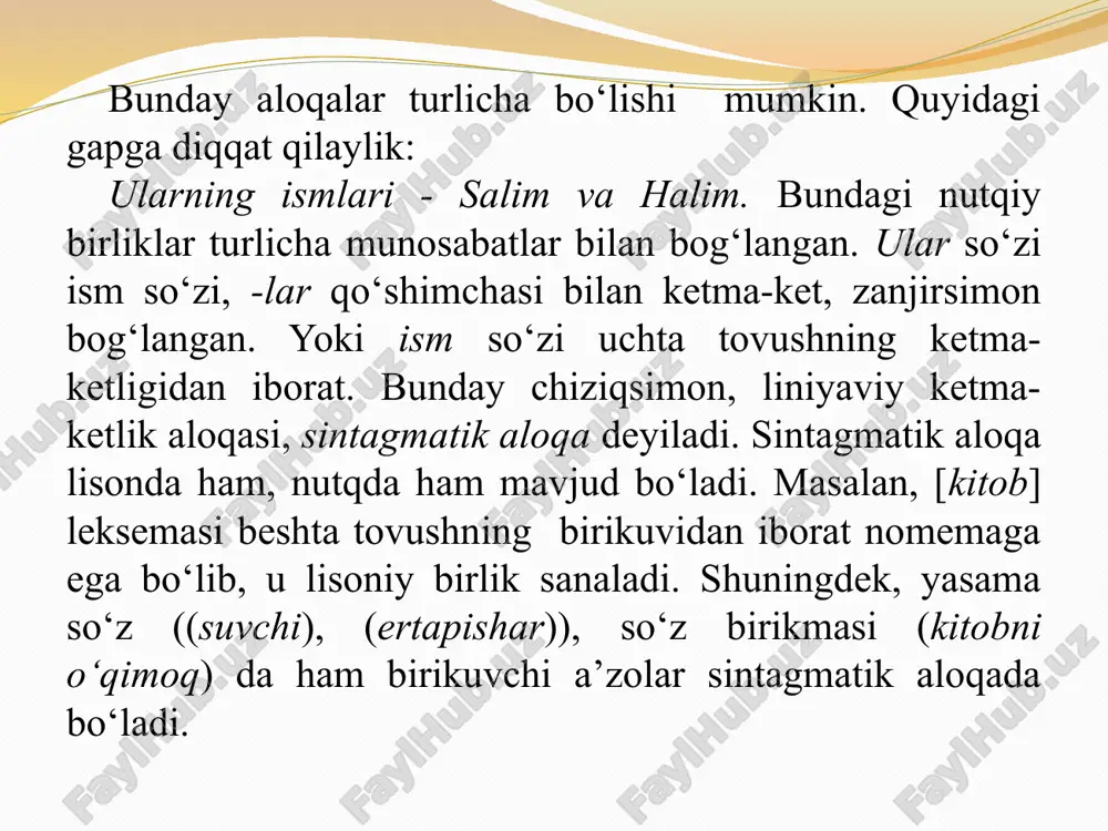 . o'zaro o'xshashlik munosabatida bo'lgan birliklarning bir-biri bilan farqli xususiyati asosida qarama-qarshi qo'yilishi ziddiyat (oppozitsiya) , ziddiyatga kirishayotgan paradigma a'zolari ziddiyat a 'zosi deyiladi. xulosa lisoniy munosabat — bu til orqali odamlar o‘rtasida o‘rnatiladigan ijtimoiy va madaniy aloqa vositasi bo‘lib, u insonning fikrini boshqalarga yetkazish, tushunish va jamiyatda faol bo‘lishini ta’minlaydi. foydalanilgan adabiyotlar jahongir kholmirzaev — "o‘zbek tili sintaksisi" azizov, u. — "o‘zbek tili va uning funksional turlari" rashidov, b. a. — "o‘zbek tilida nutqshunoslik masalalari" mahmudov, n. — "o‘zbek tili va nutqshunoslik" sh.shoabdurahmonov va b. hozirgi o’zbek adabiy tili. i qism. 2009. e. qilichev. hozirgi o’zbek adabiy tili. buxoro. 2010.yil /docprops/thumbnail.jpeg