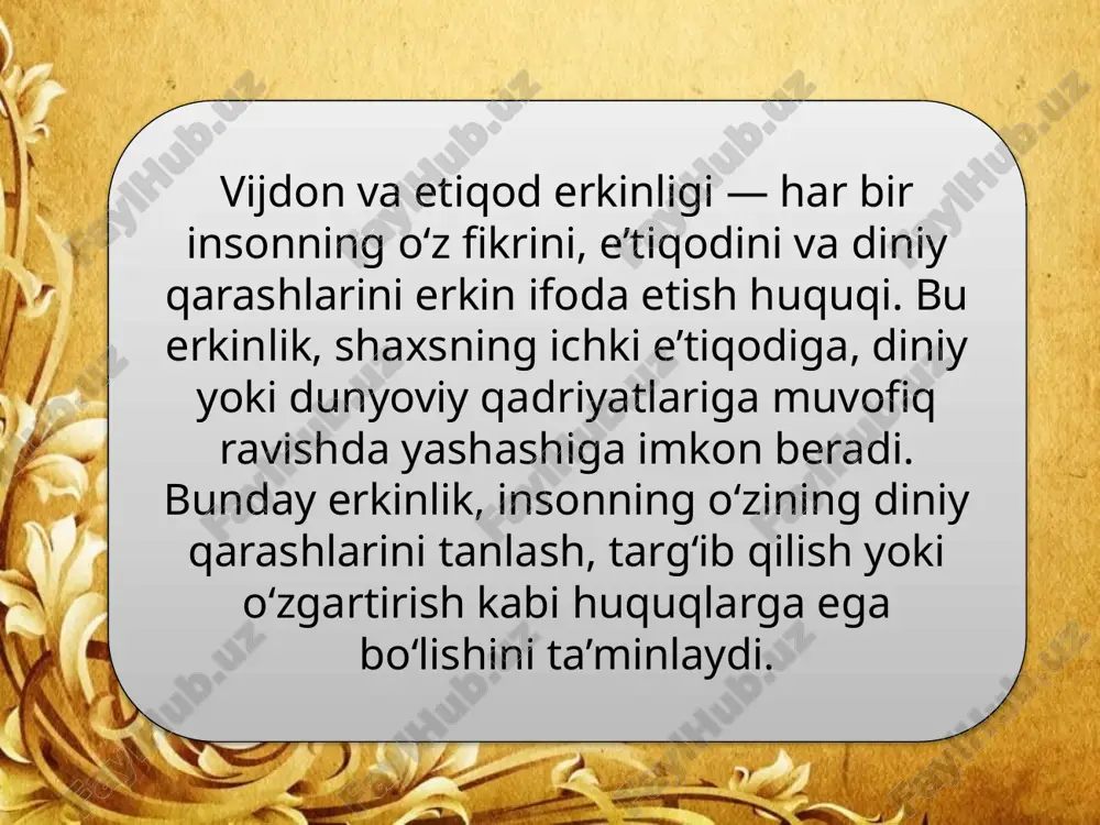 asi konstitutsiyasi (1992-yil). – tashqi iqtisodiy aloqalar va xalqaro huquq, toshkent, 2020. “vijdon erkinligi va diniy tashkilotlar to‘g‘risida”gi qonun, o‘zbekiston respublikasi, 1998-yil 1-may. fuqarolik va siyosiy huquqlar to‘g‘risidagi xalqaro pakt, 1966-yil. birlashgan millatlar tashkiloti. birlashgan millatlar tashkilotining inson huquqlari umumjahon deklaratsiyasi, 1948-yil. image1.jpeg /docprops/thumbnail.jpeg