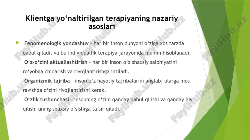 fologiya va dinshunoslik – diniy va madaniy tushunchalarning kollektiv ongsizlik bilan bog‘liqligini tahlil qilish. psixoterapiya va konsultatsiya – shaxsiy o‘sish va muammolarni hal qilishda foydalanish. ijodiy sohalar – san’at, adabiyot va kino sohalarida arxetiplarning roli. ekzistensial psixoterapiya ekzistensial psixoterapiya — insonning hayot ma'nosi, erkinligi, javobgarligi, yolg‘izligi va o‘lim kabi fundamental mavzularni tushunishga qaratilgan psixoterapiyaning yo‘nalishidir. bu yo‘nalish asosan ekzistensial falsafaga asoslangan bo‘lib, jean-paul sartre, martin heidegger, viktor frankl va rollo may kabi mutafakkirlarning g‘oyalari asosida rivojlangan. asosiy tamoyillar hayot ma’nosi va maqsadi har bir inson hayotining mazmuni bor va uni topish shaxsiy rivojlanishning muhim qismi hisoblanadi. viktor franklning "logoterapiya" yo‘nalishi inson hayotining mazmunini anglash orqali ruhiy muammolarni yengish mumkinligini ilgari suradi. erkinlik va javobgarlik inson hayotidagi tanlovlari uchun javobgar bo‘lishi kerak. o‘z hayotini boshqarish imkoniyatiga ega ekanligini anglash, tashqi omillar ta’sirida emas, balki o‘z qadriyatlari asosida harakat qilish muhim. yolg‘izlik va o‘zini anglash inson ba’zan ichki yolg‘izlik hissini boshdan kechiradi, …