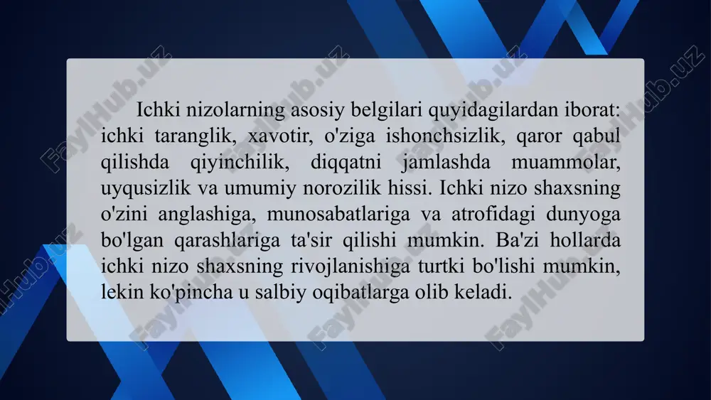 yoki oilaviy rollar o'rtasidagi kelishmovchiliklar natijasida yuzaga kelishi mumkin. do'stlar o'rtasidagi nizolar do'stlar o'rtasida yuzaga keladigan nizolardir. bunga xiyonat, rashk, tushunmovchilik yoki manfaatlar to'qnashuvi kiradi. do'stlar o'rtasidagi nizolar do'stlik munosabatlariga jiddiy zarar etkazishi mumkin, ammo to'g'ri hal etilsa, munosabatlarni mustahkamlashga yordam berishi mumkin. hamkasblar o'rtasidagi nizolar ish joyida hamkasblar o'rtasida yuzaga keladigan nizolardir. bunga resurslar uchun raqobat, shaxsiy kelishmovchiliklar, ish jarayonidagi kelishmovchiliklar yoki hokimiyat uchun kurash kiradi. hamkasblar o'rtasidagi nizolar ish samaradorligini pasaytirishi va ish muhitini buzishi mumkin. shuning uchun nizolarni erta aniqlash va hal etish muhim ahamiyatga ega. shaxslararo nizolarning turlari konstruktiv nizolar destruktiv nizolar vertikal nizolar gorizontal nizolar ochiq nizolar yashirin nizolar konstruktiv nizolar – bu nizolar, agar to'g'ri hal etilsa, munosabatlarni yaxshilashga, yangi g'oyalarni ilgari surishga va shaxslarning o'sishiga yordam beradi. destruktiv nizolar esa munosabatlarni buzadi, stressni oshiradi va umumiy samaradorlikni pasaytiradi. ochiq nizolar – bu tomonlar o'zaro ziddiyatlarini ochiqchasiga ifoda etadigan nizolar. yashirin nizolar – ziddiyatlar …