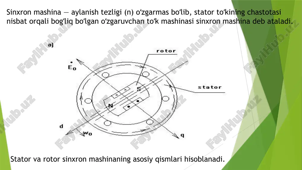 bunda cosφ = 1 bo‘lib, induktiv qarshilikdagi kuchlanishning tushuvi nol bo‘ladi. natijada stator chulg‘amida hosil bo‘lgan eyuk e ko‘payib, uning qiymati kuchlanishga yaqinlashadi. eyuk qiymatining ortib borishi bilan aylantiruvchi momentning maksimal qiymati ham birmuncha ortadi, ya’ni m1m<m2m<m3m bo‘ladi sinxron motorning burchak tavsifi. sinxron motorlarni asinxron usulda ishga tushirish. e’tiboringiz uchun raxmat image1.png image2.png image3.png image4.png image5.png image6.png image7.png image8.png image9.png image10.png image11.png image12.png