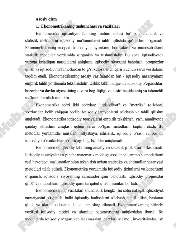 etrik tahlil orqali iqtisodiy o‘zgarishlarning sabablarini tushunish, yangi iqtisodiy siyosatlarni ishlab chiqish yoki mavjud siyosatlarni baholash mumkin. iqtisodiyotda ekonometrikaning o‘rni ekonometrika iqtisodiy tahlilning markaziy qismi bo‘lib, iqtisodiyotning rivojlanishi, o‘sishning prognozlari, bozor tahlili va iqtisodiy siyosatlarning samaradorligini baholashda katta ahamiyatga ega. ekonometrika yordamida iqtisodiy jarayonlarni o‘rganish, ma'lumotlarni tahlil qilish, iqtisodiy model va parametrlarni aniqlash, shuningdek, iqtisodiy siyosatning natijalari haqida aniq xulosalar chiqarish mumkin. shu bois, ekonometrika nafaqat akademik sohada, balki amaliyotda ham keng qo‘llaniladi. iqtisodiy o‘sish va taraqqiyot, inflyatsiya, ishsizlik, to‘lov balansi, davlat byudjeti va boshqa iqtisodiy ko‘rsatkichlar o‘rtasidagi bog‘liqlikni tahlil qilishda ekonometrikaning roli juda katta. bunday tahlil natijalari iqtisodiy siyosatni ishlab chiqishda va turli iqtisodiy muammolarga yechim topishda yordam beradi. misol uchun, inflyatsiyaning o‘sishi yoki iqtisodiy o‘sishning pasayishi kabi masalalar iqtisodiy rivojlanishdagi muhim omillarni anglatadi va bu jarayonlarni to‘g‘ri prognoz qilish va boshqarish uchun ekonometrik metodlardan foydalaniladi. shuningdek, ekonometrika yordamida davlat siyosatining samaradorligini baholash mumkin. masalan, soliqlarni oshirish yoki kamaytirish, …