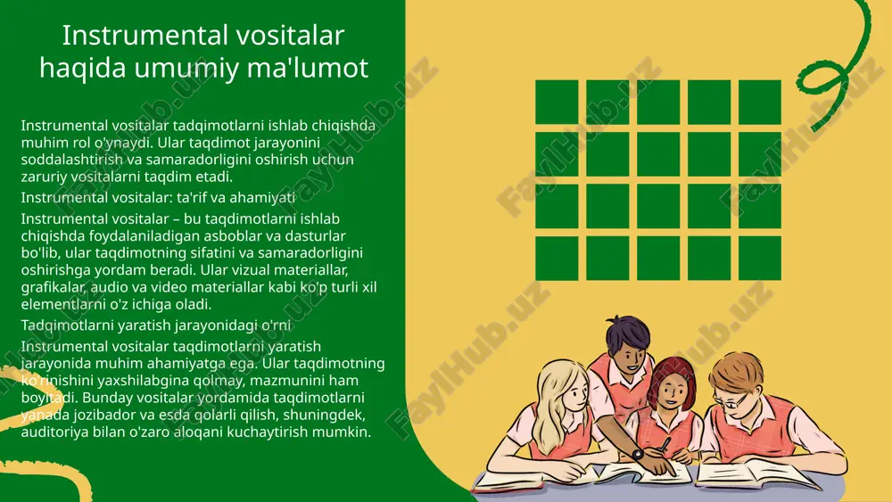 imot ma'lumotlarini yanada tushunarli va esda qolarli qiladi. shuningdek, dizayn va uslubning to'g'ri tanlovi taqdimotning muvaffaqiyatini oshiradi va auditoriyaning fikrini shakllantiradi. tadqimot dizaynining psixologik ta'siri tadqimot dizayni auditoriyaga ta'sir ko'rsatishda muhim omil hisoblanadi. ranglar va shriftlar, odamlarning hissiyotlariga ta'sir qiladi. 1. qizil rang energiya va urg'u hissini beradi, ko'k rang esa tinchlik va ishonchni ifodalaydi. 2. o'qish oson bo'lgan shriftlar ma'lumotlarni tez va samarali qabul qilishga yordam beradi. 3. grafik elementlar vizual qiziqishni oshiradi va xotirada qolishni ta'minlaydi. tadqimotlar uchun yangi uslublar yangi uslublar va tendensiyalar, tadqimotlarni yanada qiziqarli va samarali qilish maqsadida doimiy ravishda rivojlanib bormoqda. uslublar o'zgartirish jarayonida, interaktiv elementlar va vizual grafikalarni qo'shish orqali taqdimotning ta'sirini oshirish mumkin. masalan, qr-kodlar yordamida qo'shimcha ma'lumotlarni taqdim etish yoki virtual reallik elementlaridan foydalanish, auditoriya bilan aloqani kuchaytirishi mumkin. shuningdek, yangi uslublar, taqdimotlarda auditoriyaning diqqatini jalb etish va ularni faol ishtirok etishga undashda muhim rol o'ynaydi. xulosa instrumental vositalar tadqimotlarni yaratishda …