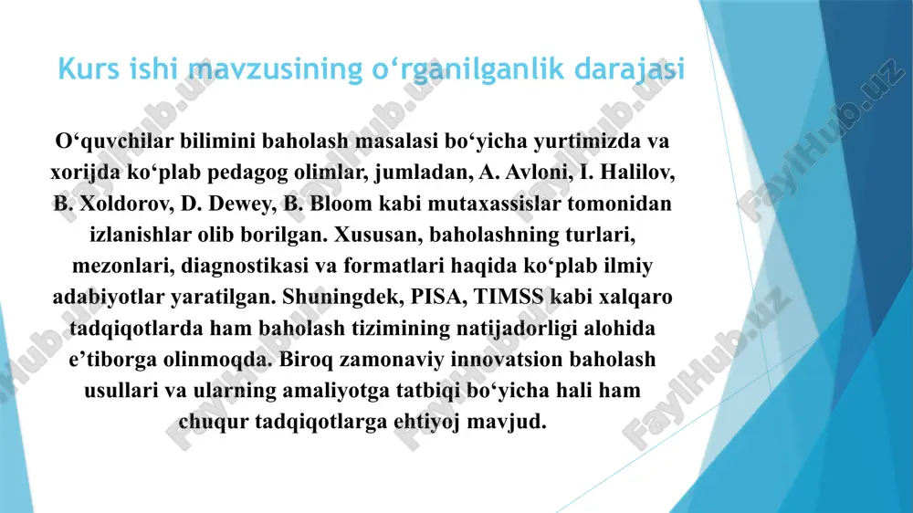kabi tamoyillar baholash jarayonining samarali va adolatli bo‘lishini ta’minlaydi. joriy, oraliq, bosqichli va yakuniy nazorat turlari esa baholashning turli bosqichlarida o‘quvchilarning bilimini o‘lchash imkonini beradi. zamonaviy raqamli texnologiyalar, masalan, class marker kabi dasturlar, baholash jarayonini yanada samarali va osonlashtirishga yordam beradi. bu vositalar yordamida testlar yaratish, o‘quvchilarning natijalarini tahlil qilish va baholashni avtomatlashtirish mumkin. shu bilan birga, baholash jarayonida o‘quvchilarning mustaqil fikrlash, ijodiy yondashuv, amaliy qo‘llash kabi ko‘nikmalarini baholash mezonlari sifatida belgilash muhimdir. bu mezonlar o‘quvchilarning bilim darajasini to‘liq aks ettirishga yordam beradi. umuman olganda, o‘quvchilar bilimini baholashning nazariy asoslari va amaliyotini chuqur o‘rganish ta’lim jarayonining sifatini oshirish, o‘quvchilarning bilim darajasini yaxshilash va pedagogik faoliyatni takomillashtirishga xizmat qiladi. 2.1. ta’limda baholashning interaktiv va innovatsion usullari nazorat tahlili-tarbiya jarayonining asosiy tarkibiy qism bo‘lib, dasturiy materialni o‘rganish ma’no va mohiyatini tushunish, mustahkamlash, qo‘llash,ya’ni xatti-harakat usullarni shakllantirishga bevosita bog‘liq. nazoratningrejali ravishda amalga oshirilishi o‘qituvchi va ishlab chiqarish ta’limiustalariga ma’lum bir paytda o‘quvchilar tomonidan …