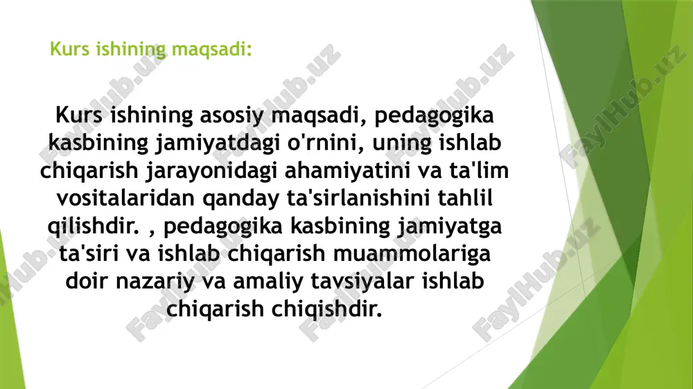va axloqiy mas’uliyatini yanada oshiradi. shuning uchun pedagogik fikrlar tizimi nafaqat ilmiy, balki amaliy jihatdan ham muhim ahamiyatga ega.zamonaviy pedagogik fikrlarning rivojlanishi o‘qituvchining ma’naviy-axloqiy qadriyatlarini shakllantirishda muhim ahamiyatga ega. 2.2. pedagog kasbining yosh avlod tarbiyasidagi ahamiyati va uning jamiyat taraqqiyotiga ta’siri. inson omilini har tomonlama kamol toptirish, o'zaro erdam, o'rtoqlik munosabatlarini yanada yaxshilaш, shaxsiy oilaviy va ijtimoiy haetda oddiylik va halollik, hushmuomalalik va rostgo'ylik kabi ma`naviy-axloqiy insonlarga xos bo'lgan sifatlarni yanada takomillashtirish asosida jumxuriyatimizning ijtimoiy-iqtisodiy taraqqietini jadallashtirish davrimizning eng muhim istiqbolli rejalaridan isoblanadi.kishilik jamiyati taraqqieti tarixidan ma`lumki, bola shaxsining kamoloti oilada shakllanadi.oila jamiyat haetini olg'a suruvchi, uni yanada yuksak bosqichlarga ko'tarib raвнаq toptiruvchi, kelajak avlodlarni tarbiyalab etishtiruvchi, kamol toptirish uchun mas`ul bo'lgan g'oyat muhim o'chog'dir xulosa pedagog kasbi jamiyatdagi eng muhim va ta'sirchan ijtimoiy rollardan birini o‘ynaydi. u nafaqat bilimlarni uzatish, balki tarbiyaviy jarayon orqali yosh avlodni ma'naviy, axloqiy va ijtimoiy jihatdan shakllantirishga xizmat qiladi. pedagoglar, ayniqsa, o‘quvchilarga dunyoqarashini shakllantirish, …