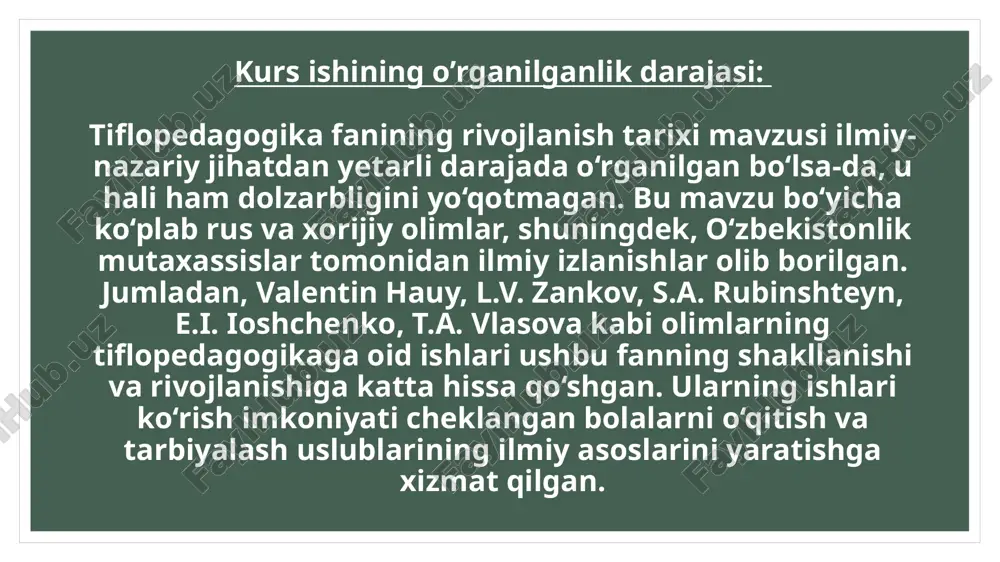 aille yozuvi ko‘rishdan mahrum bolalarga o‘qish va yozishni o‘rgatishda asosiy vositaga aylandi. shu bilan birga, ko‘rish qobiliyati cheklangan bolalarga mo‘ljallangan maxsus o‘quv materiallari ham ishlab chiqildi.xx asrning boshlarida aqsh va yevropada ko‘rishdan mahrum bolalar uchun maxsus maktablar tashkil etildi. bu maktablar ko‘rishdan mahrum bolalar uchun yangi pedagogik metodlarni sinovdan o‘tkazdi va shu orqali o‘qitishning samaradorligini oshirdi. bu davrda, shuningdek, ko‘rishdan mahrum bolalar uchun rivojlangan vizual va audio materiallar joriy etildi. 1.2. tiflopedagogika fanining asosiy rivojlanish bosqichlari tiflopedagogika fani hozirda yangi texnologiyalar va innovatsiyalar bilan yanada rivojlanmoqda. bugungi kunda ko‘rishdan mahrum bolalar uchun ta’limda ko‘plab raqamli texnologiyalar, mobil ilovalar, virtual haqiqat va boshqa interaktiv vositalar ishlab chiqilmoqda. ushbu texnologiyalar yordamida o‘quvchilarga o‘qish va yozish kabi asosiy ko‘nikmalarni rivojlantirish uchun yangi imkoniyatlar yaratilmoqda. shuningdek, ko‘rishdan mahrum bolalar uchun ta’limni jamiyatda to‘liq integratsiya qilish va ularning ijtimoiy moslashuvini ta’minlashning yangi yo‘llari qidirilmoqda. 1970-yillardan boshlab tiflopedagogika fani yangi davrga kirdi, bunda ta’lim tizimi va …