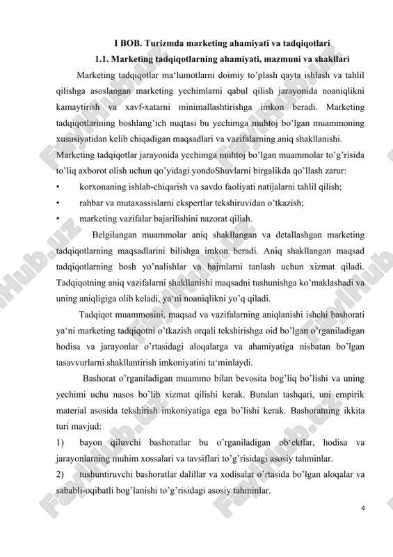 qlanishi ishchi bashorati ya‘ni marketing tadqiqotni o’tkazish orqali tekshirishga oid bo’lgan o’rganiladigan hodisa va jarayonlar o’rtasidagi aloqalarga va ahamiyatiga nisbatan bo’lgan tasavvurlarni shakllantirish imkoniyatini ta‘minlaydi. bashorat o’rganiladigan muammo bilan bevosita bog’liq bo’lishi va uning yechimi uchu nasos bo’lib xizmat qilishi kerak. bundan tashqari, uni empirik material asosida tekshirish imkoniyatiga ega bo’lishi kerak. bashoratning ikkita turi mavjud: 1) bayon qiluvchi bashoratlar bu o’rganiladigan ob‘ektlar, hodisa va jarayonlarning muhim xossalari va tavsiflari to’g’risidagi asosiy tahminlar. 2) tushuntiruvchi bashoratlar dalillar va xodisalar o’rtasida bo’lgan aloqalar va sababli-oqibatli bog’lanishi to’g’risidagi asosiy tahminlar. ishchi bashorat tadqiqot uchun zarur bo’lgan xilma-xil axborot manbalaridan olish mumkin bo’lgan ko’rsatkichlar tizimini shakllantirishga imkon beradi. axborot manbalarni ajratib olinishi zarur bo’lgan ma‘lumotlarni yuqori tezlik va samarali olish uchun zarur bo’ladi. tadqiqotchilar o’z faoliyatini odatda ikkilamchi ma‘lumotlarni tahlildan boshlashadi; agar ular yetarli bo’lmasa, birlamchi ma‘lumotlarni to’play boshlaydilar. axborot to’plami jarayoni aniq tuzilma asosida amalga oshiriladi. vaqt va qiymat cheklanganligi tufayli marketing …
