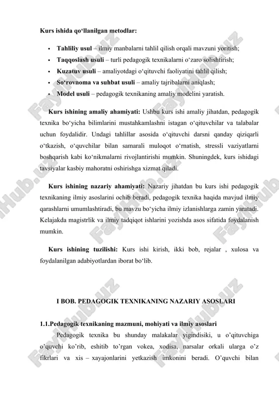 beradi, pedagogik texnika haqida mavjud ilmiy qarashlarni umumlashtiradi, bu mavzu bo‘yicha ilmiy izlanishlarga zamin yaratadi. kelajakda magistrlik va ilmiy tadqiqot ishlarini yozishda asos sifatida foydalanish mumkin. kurs ishining tuzilishi: kurs ishi kirish, ikki bob, rejalar , xulosa va foydalanilgan adabiyotlardan iborat bo‘lib. i bob. pedagogik texnikaning nazariy asoslari 1.1.pedagogik texnikaning mazmuni, mohiyati va ilmiy asoslari pedagogik texnika bu shunday malakalar yigindisiki, u o’qituvchiga o’quvchi ko’rib, eshitib to’rgan vokea, xodisa, narsalar orkali ularga o’z fikrlari va xis – xayajonlarini yetkazish imkonini beradi. o’quvchi bilan bevosita muomala qilishda o’qituvchining ana shu malakalari uning xulq – atvorida namoyon bo’ladi. mashxur rus pedagogi a.s.makarenko «tarbiyachi tashkil etishni, yurishni, xazillashishni, kuvnok, jaxldor bo’lishni bilishi lozim, u o’zini shunday tutishi kerakki, uning har bir harakati tarbiyalasin», degan edi. pedagogik texnikaning bashqa tarkibiy kismi sifatida o’qituvchining mimik va pantomimik ko’rinishidir. anik imo – ishora, ma‘noli qarash, ragbatlantiruvchi yoki istexzoli tabassum pedagogik ta‘sir ko’rsatishda ko’p so’zli tushuntirishga karaganda …