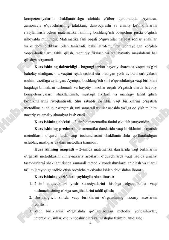 kirish, ikki bob, har bir bobda uchta kichik bo‘lim, xulosa hamda foydalanilgan adabiyotlar ro‘yxatidan iborat. i.bob. boshlang‘ich sinf o‘quvchilariga vaqt bilan bog‘liq tushunchalarni shakllantirishning ilmiy-nazariy asoslari 1.1. 2-sinf o‘quvchilarining yosh xususiyatlari va matematik tayyorgarlik darajasi kognitiv (aqliy) rivojlanish xususiyatlari, ayniqsa 2-sinf o‘quvchilari uchun, ularning ta’lim jarayonidagi faol ishtirokini tashkil etuvchi asosiy psixologik omillardan biridir. bu yosh davrida bolalarning miyasida tafakkur jarayonlari faol shakllanadi, ularning idrok etish, xotira, e’tibor, tahlil qilish va taqqoslash kabi aqliy faoliyat ko‘nikmalari rivojlanadi. kognitiv rivojlanish ta’limning har bir bosqichida, ayniqsa boshlang‘ich sinflarda, o‘quvchilarni mavzularni tushunib yetishida, mantiqiy bog‘liqliklarni aniqlashida, matematik amallarni bajarishda va muammoli vaziyatlarda yechim topishda muhim rol o‘ynaydi. 2-sinf o‘quvchilari taxminan 7–8 yoshda bo‘ladilar. bu yosh davrida ularning kognitiv qobiliyatlari jean piagening kognitiv rivojlanish nazariyasiga ko‘ra “konkret amaliy fikrlash” bosqichiga to‘g‘ri keladi. bu degani, bola voqealar va ob’ektlar haqida real, konkret misollar asosida fikr yurita oladi, lekin hali abstrakt tushunchalarni to‘liq tushunib yetolmaydi[footnoteref:1]. masalan, …